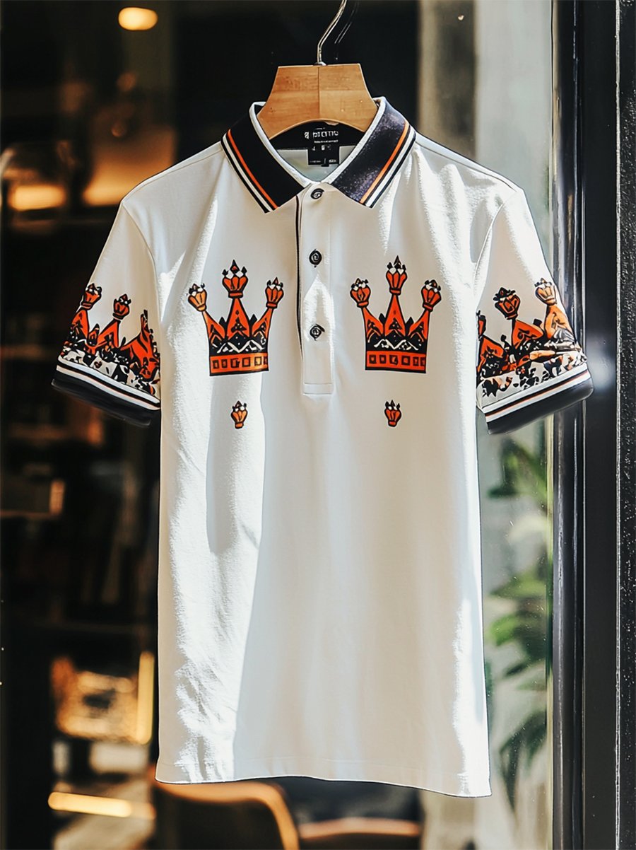 Camisa polo casual ejecutivo Crown estampado Button de manga corta para hombre