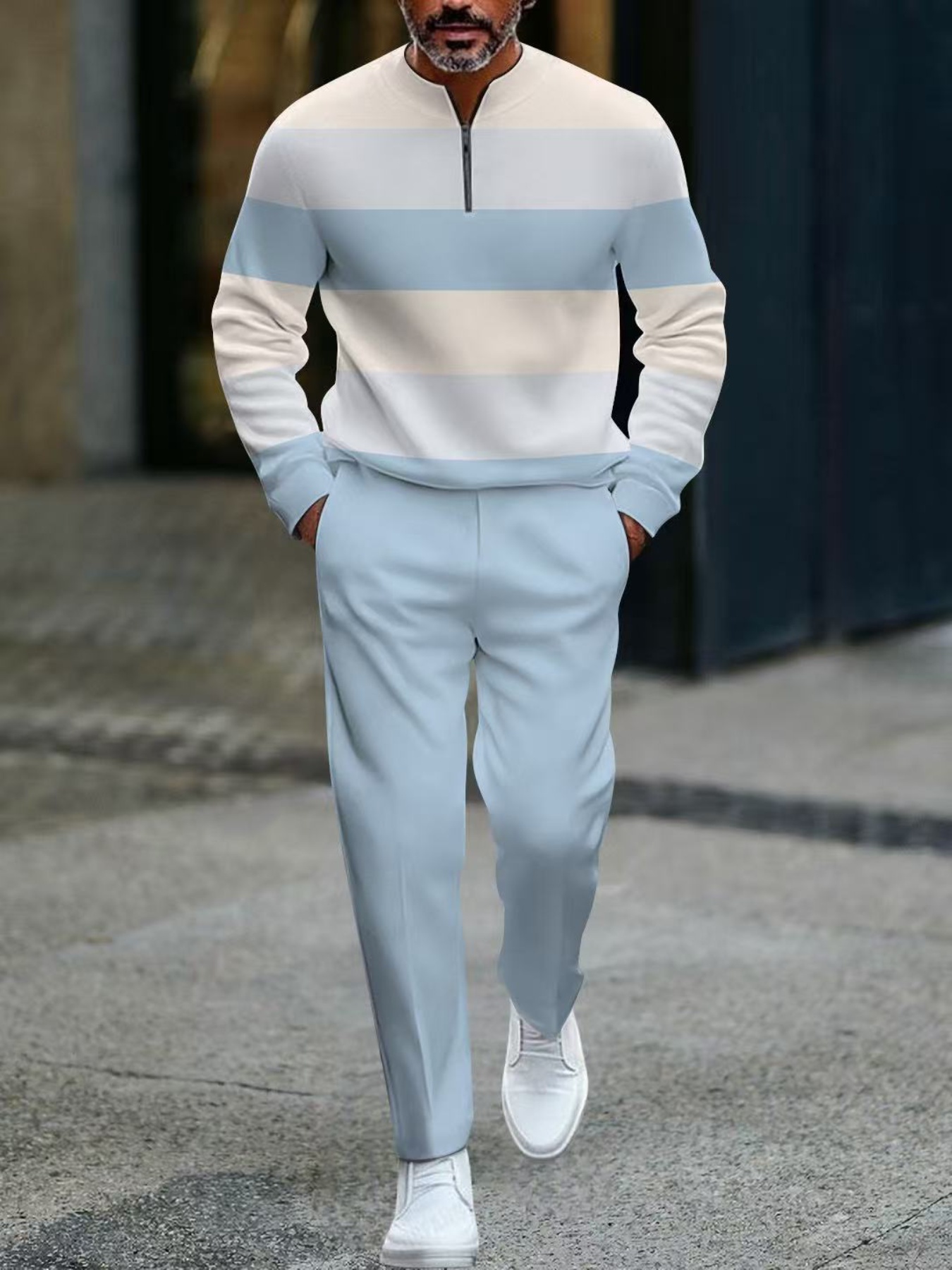 Conjunto de dos piezas casual Light Blue & White Color Matching a rayas estampado Round-Neck cierre de manga larga Tops & Trousers para hombre