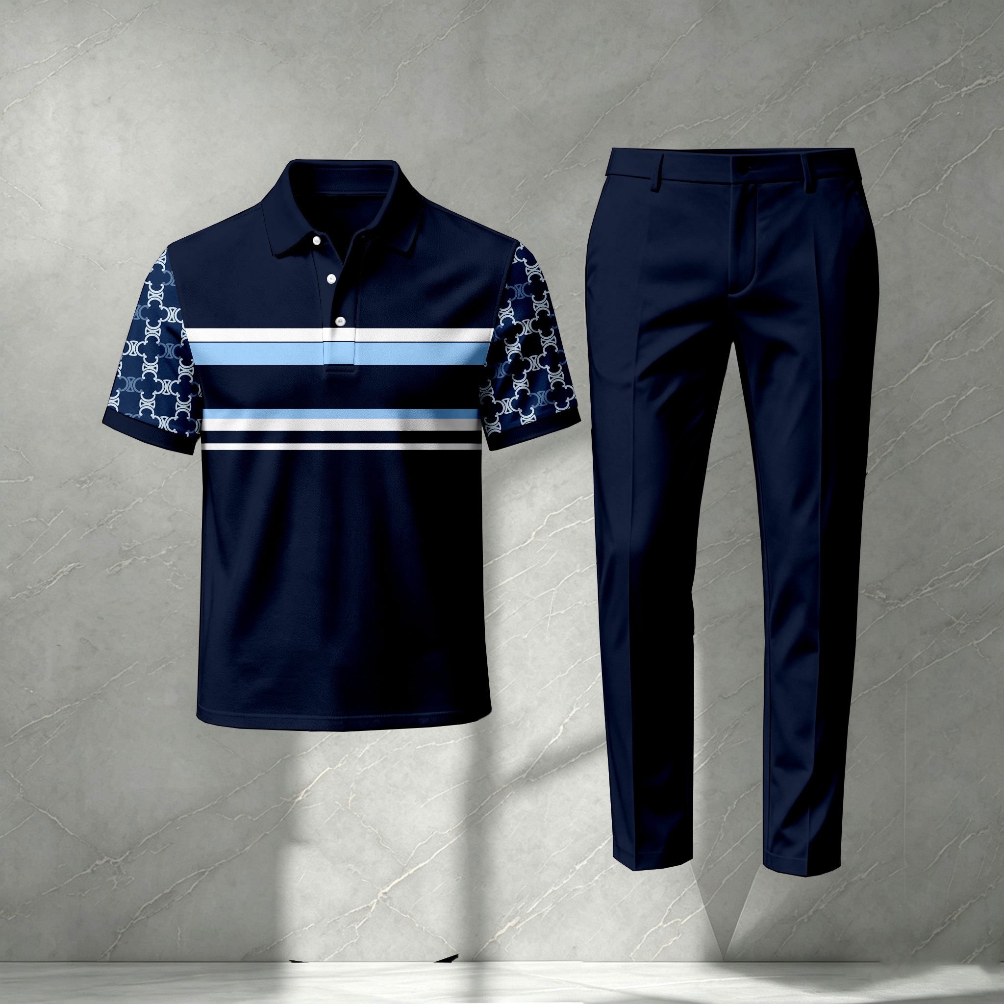 para hombre Dark Blue de manga corta camisa polo and pantalón Set