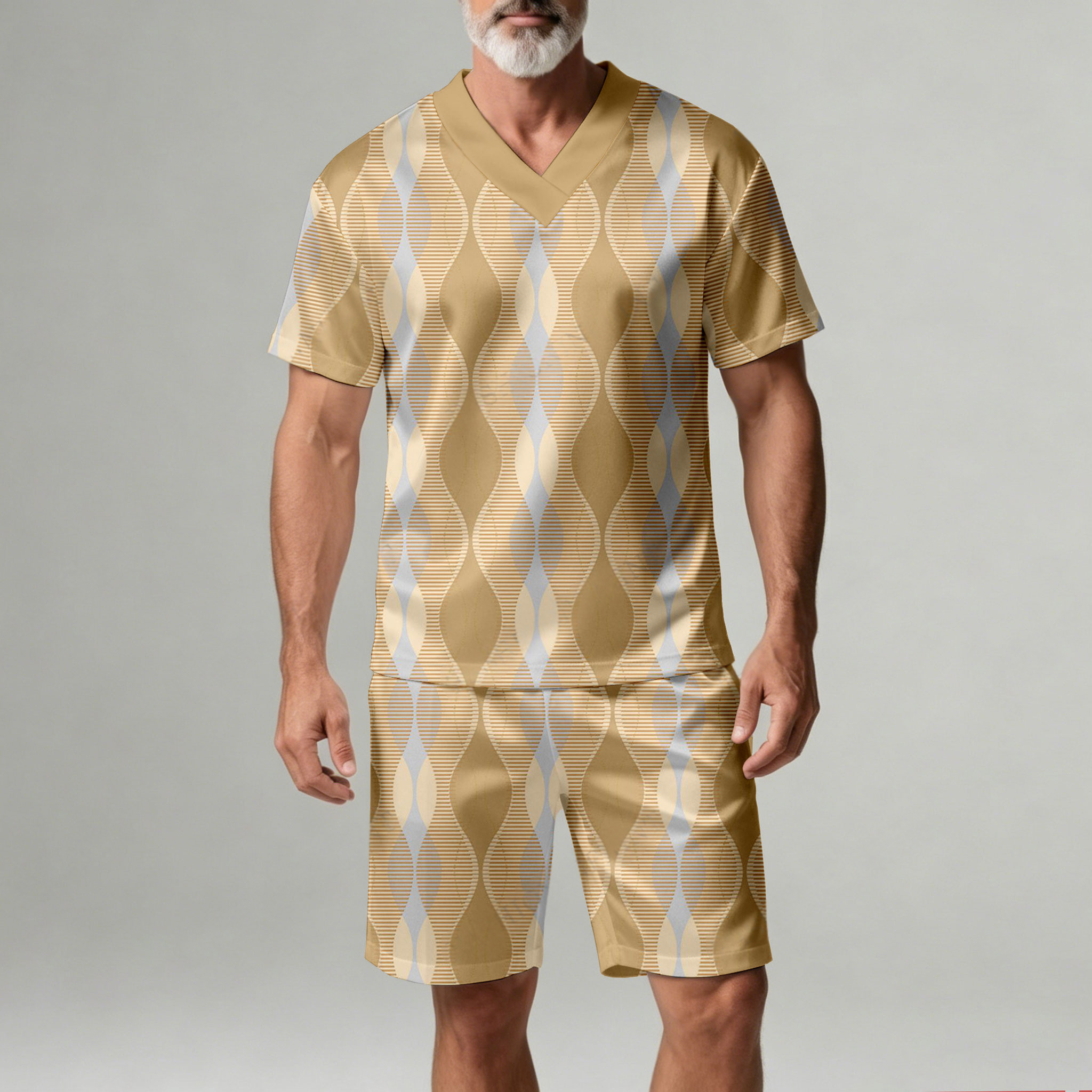 Conjunto de dos piezas casual Geometric estampado V-Neck de manga corta camiseta And shorts para hombre