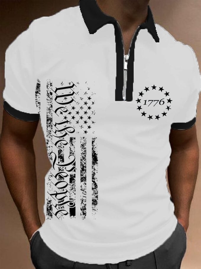 Camisa polo Independence Day 1776 Flag estampado Zip Collar para hombre