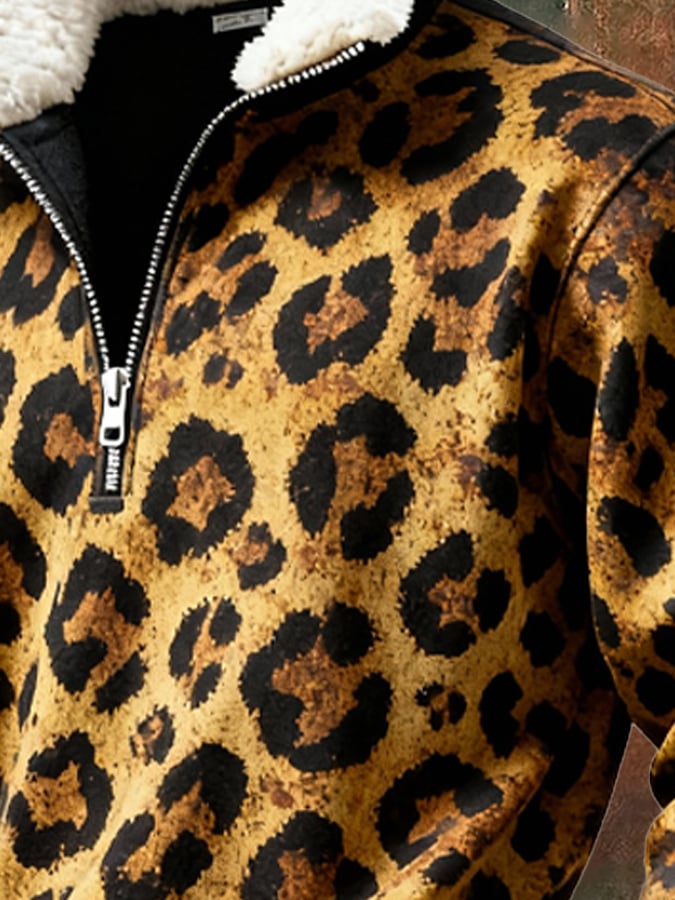 Sudadera retro Leopard estampado casual Fur cuello para hombre