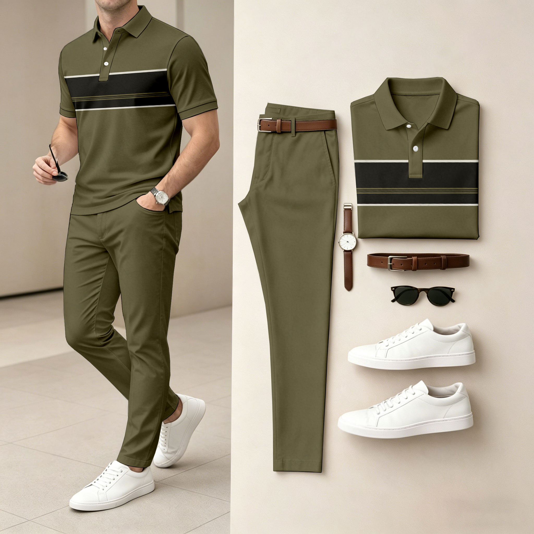 Conjunto de dos piezas casual Green estampado camisa polo And pantalón para hombre