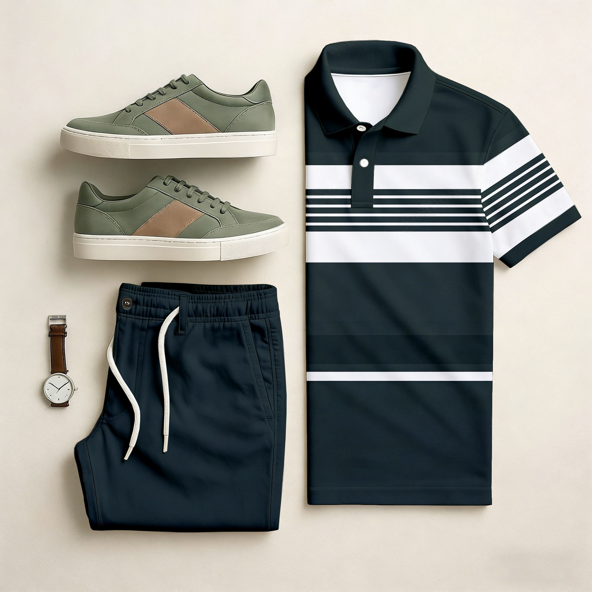 Conjunto de dos piezas casual Dark Green & White Color Matching a rayas estampado de manga corta camisa polo & Trousers para hombre