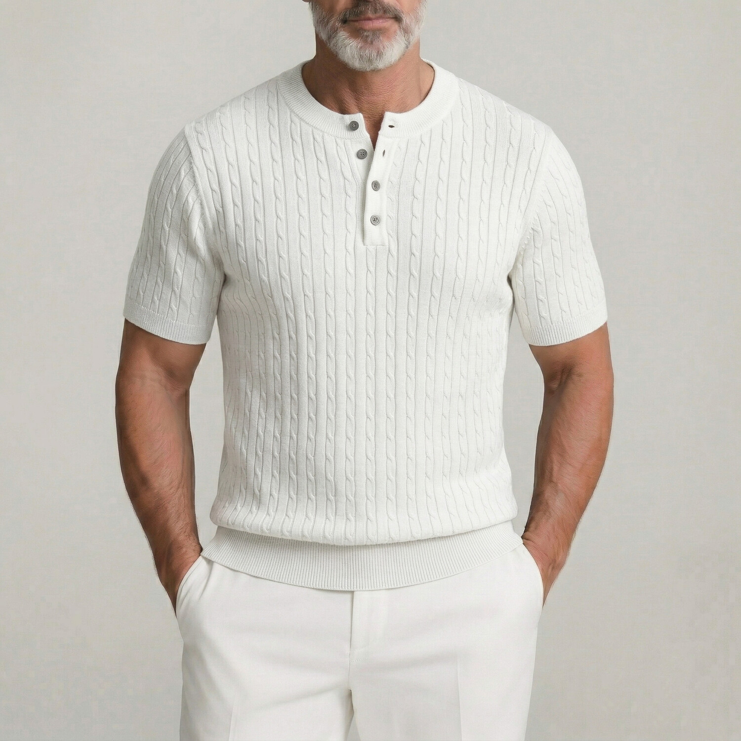 Camisa de color sólido Buttons Cable tejidoted de manga corta casual Henley para hombre