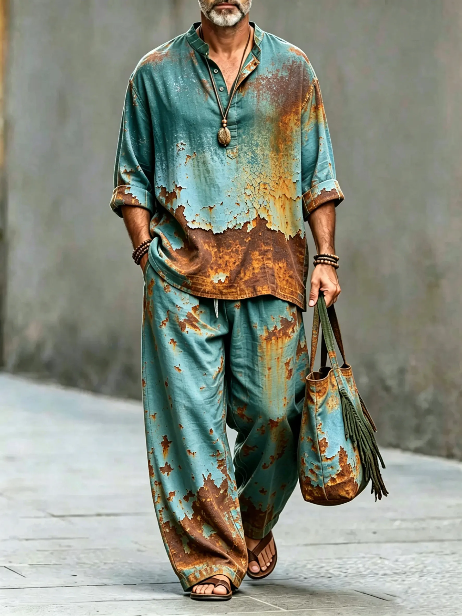 para hombre vintage Abstract Art estampado de algodón camisa Set (Top & pantalón)