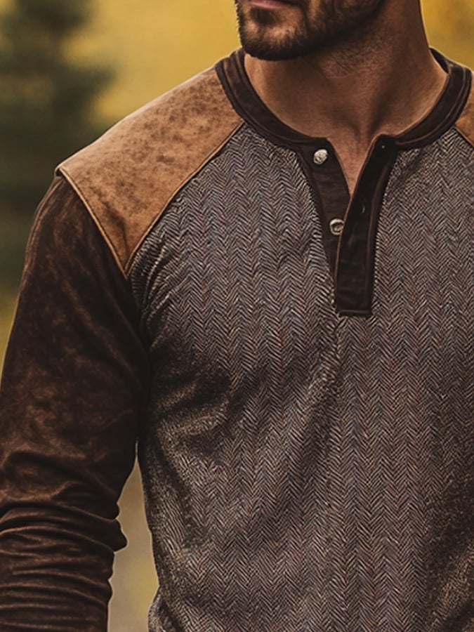 Camisa casual retro casual Colorblock de manga larga Henley para hombre