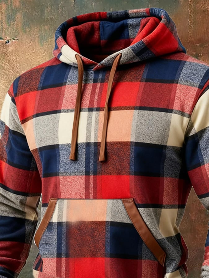 Sudadera retro a cuadros Contrast Color Hooded para hombre