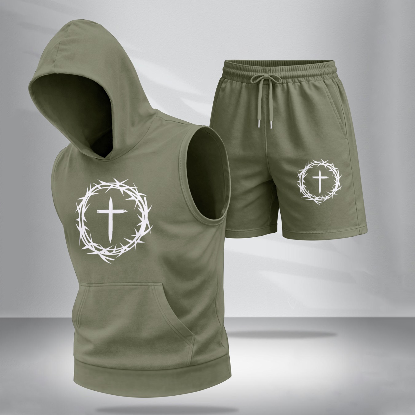 Sudadera con capucha Two-Piece Summer Set – Sleeveless & shorts with Faith Cross estampado, casual Sportwear, Athletic para exterior Outfit, Summer Street Style for Men, TikTok Hot Selling para hombre