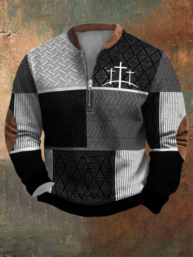 Sudadera retro Western texturizado Faith Cross estampado cierre Neck para hombre