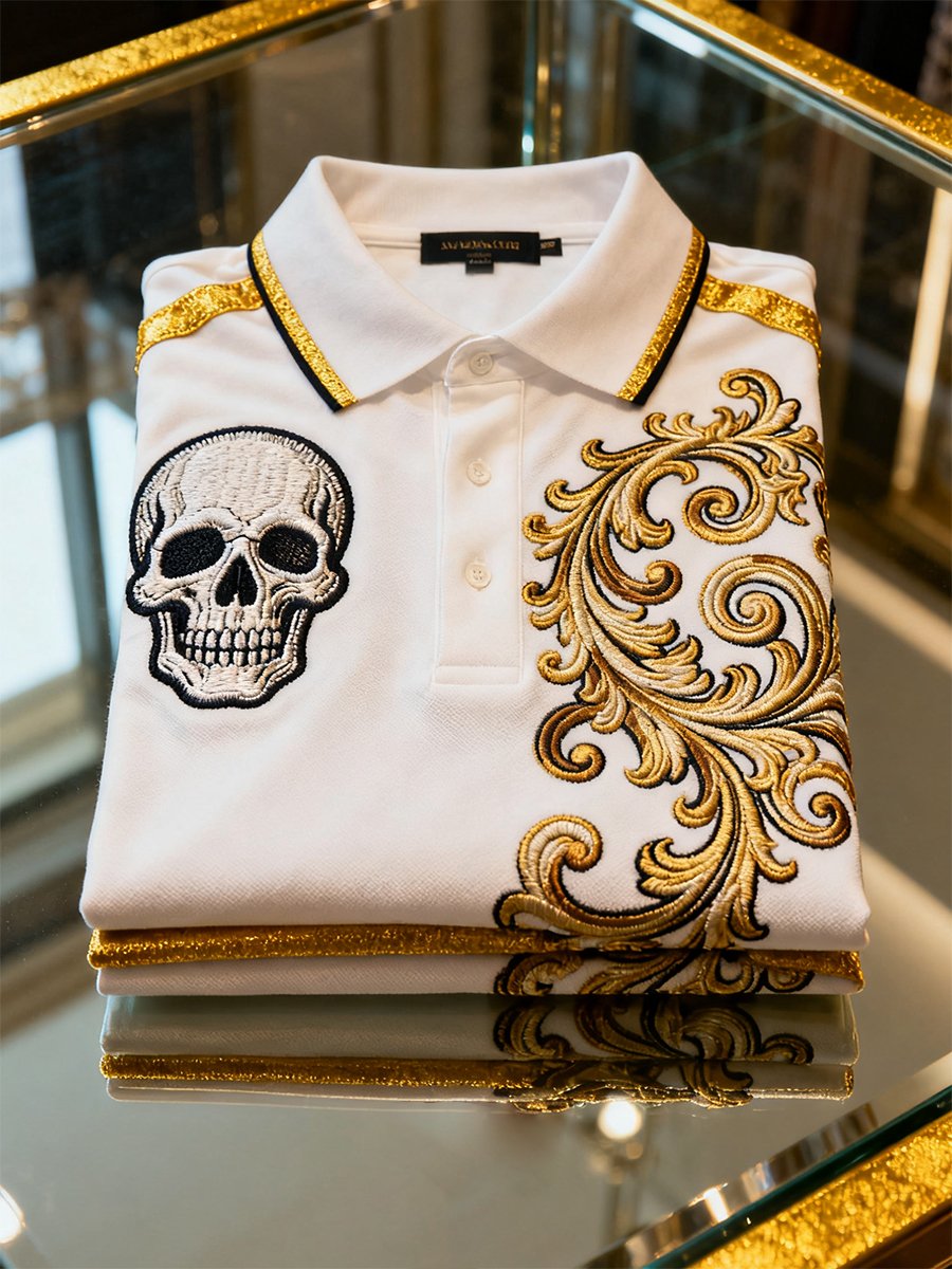 Camisa polo vintage ejecutivo Skull de manga larga para hombre