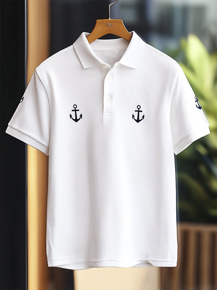 Camisa polo casual ejecutivo Anchor estampado Button de manga corta para hombre