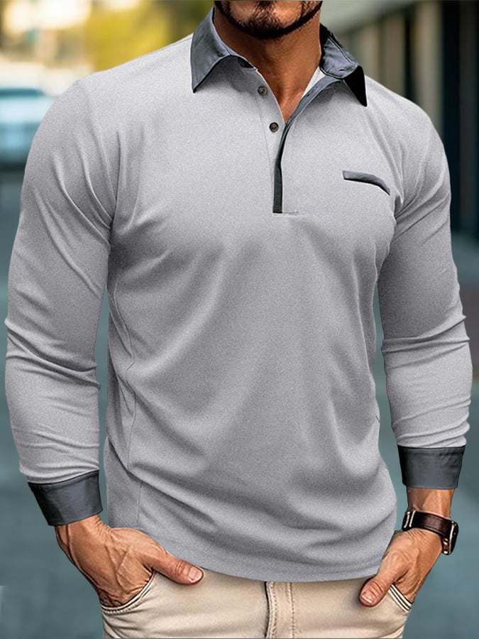 Camisa polo de moda en bloques de coloring Half Button de manga larga para hombre