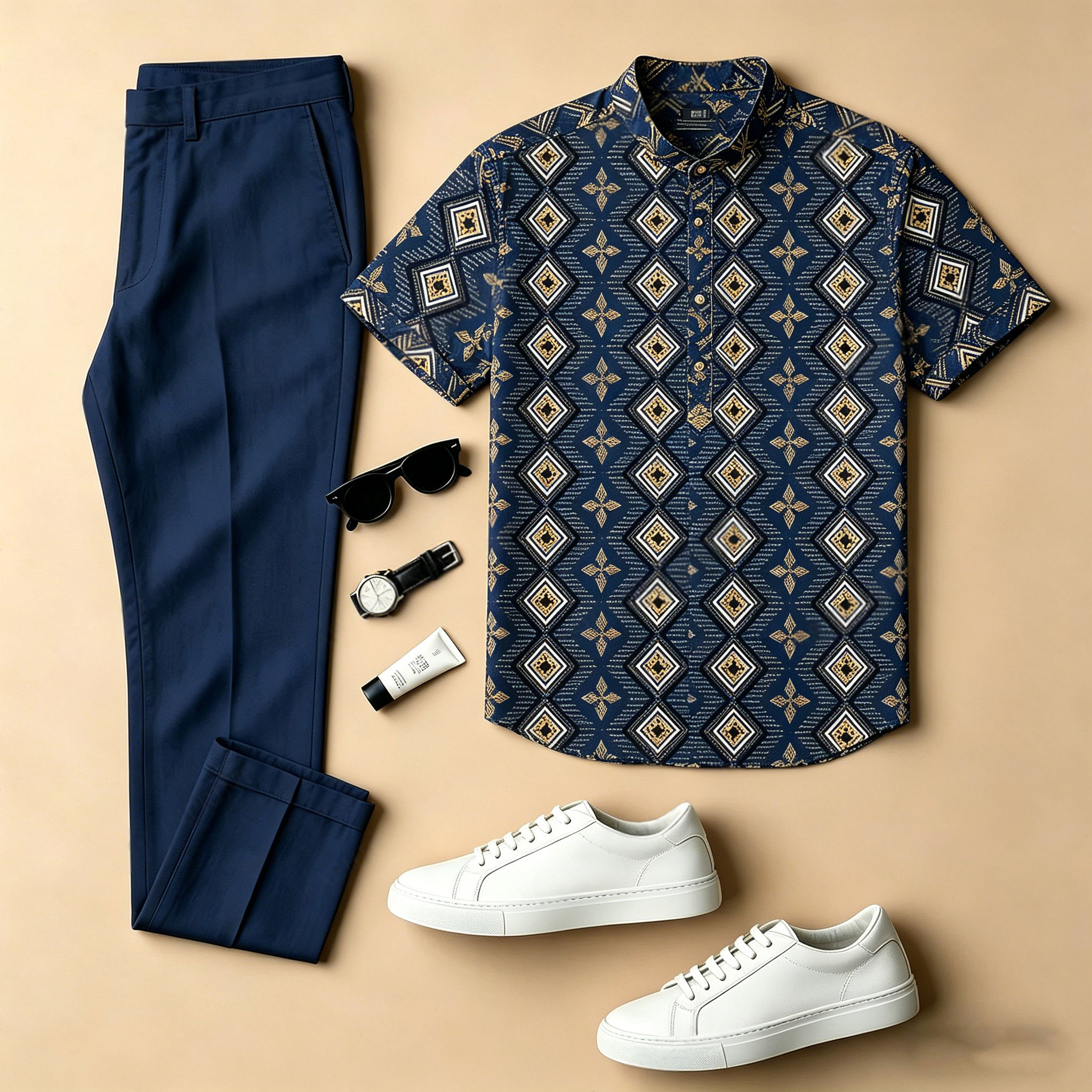 Conjunto de dos piezas casual Navy Blue Checkered Color-Blocked estampado Crew Neck de manga corta camisa And Trousers para hombre