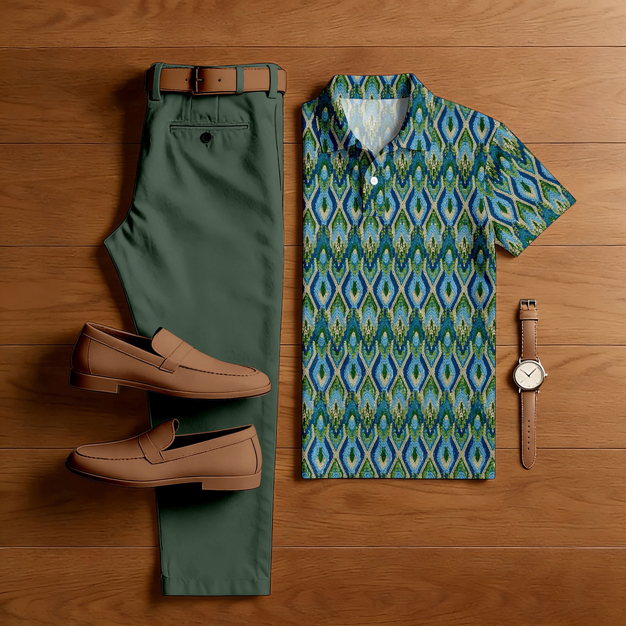 Conjunto de dos piezas casual Green Ethnic Style estampado camisa polo And Trousers para hombre