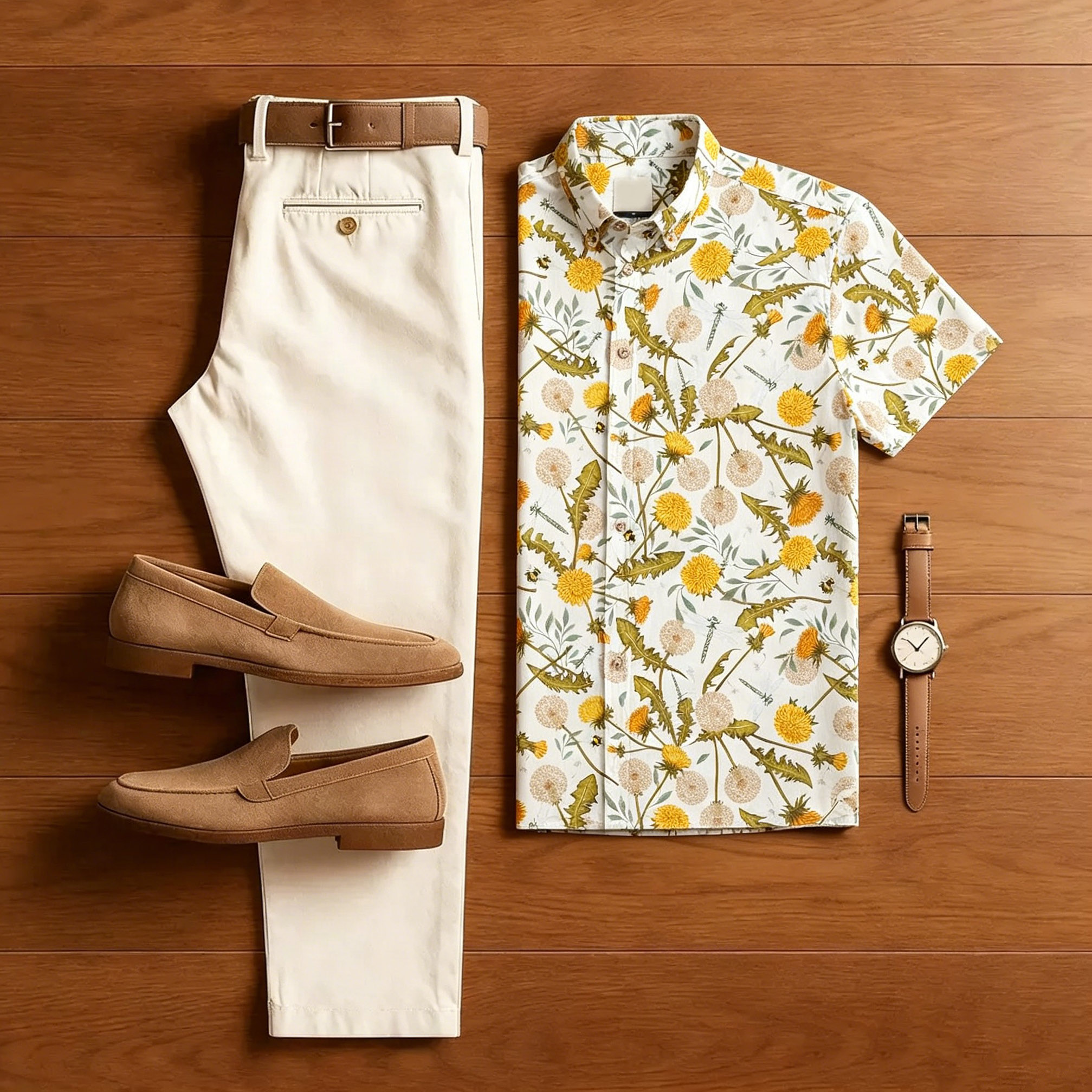Conjunto de dos piezas Men Wild Dandelion floral estampado de manga corta camisa & Beige pantalón