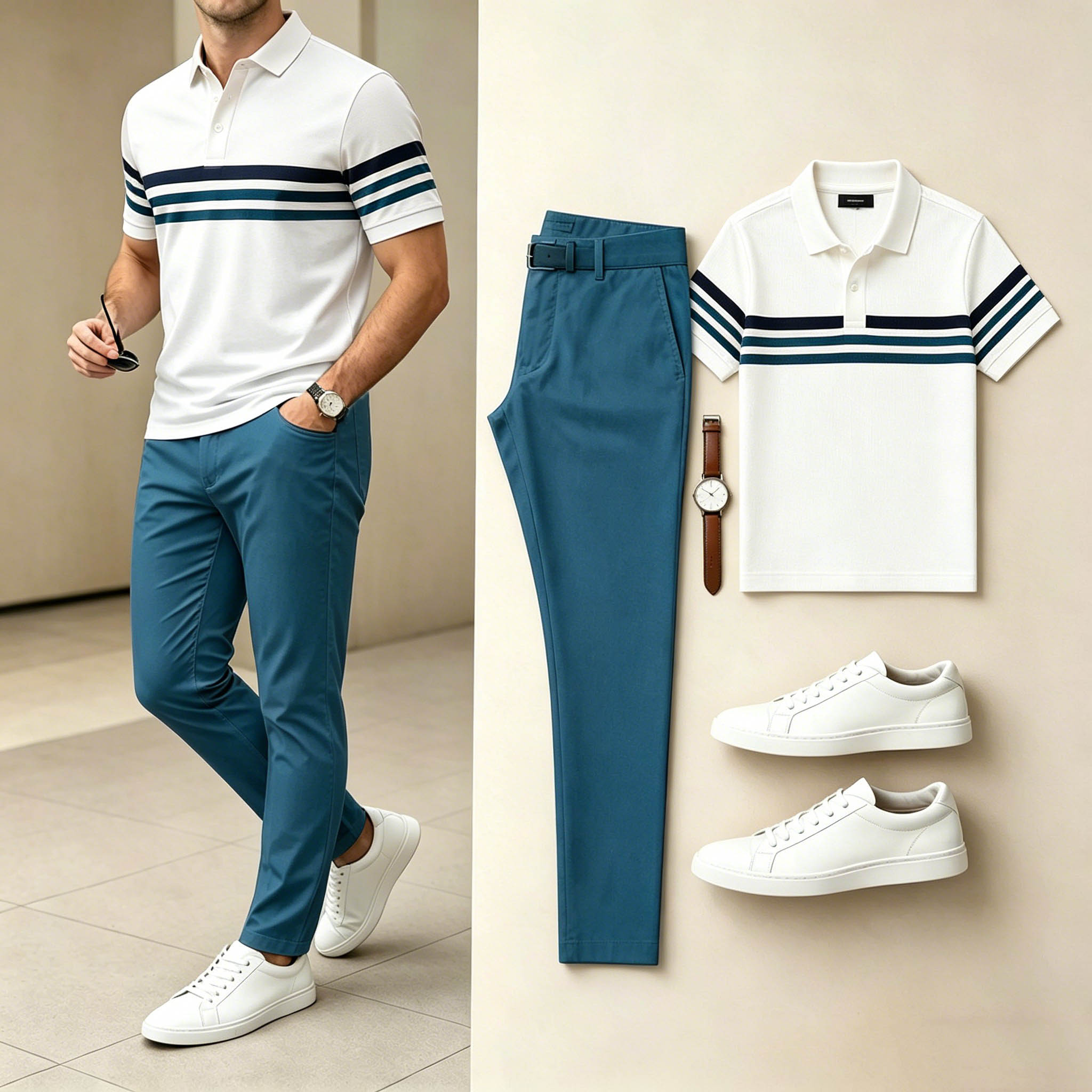 Conjunto de dos piezas para uso diario Double Horizontal rayas en bloques de color camisa polo And pantalón para hombre
