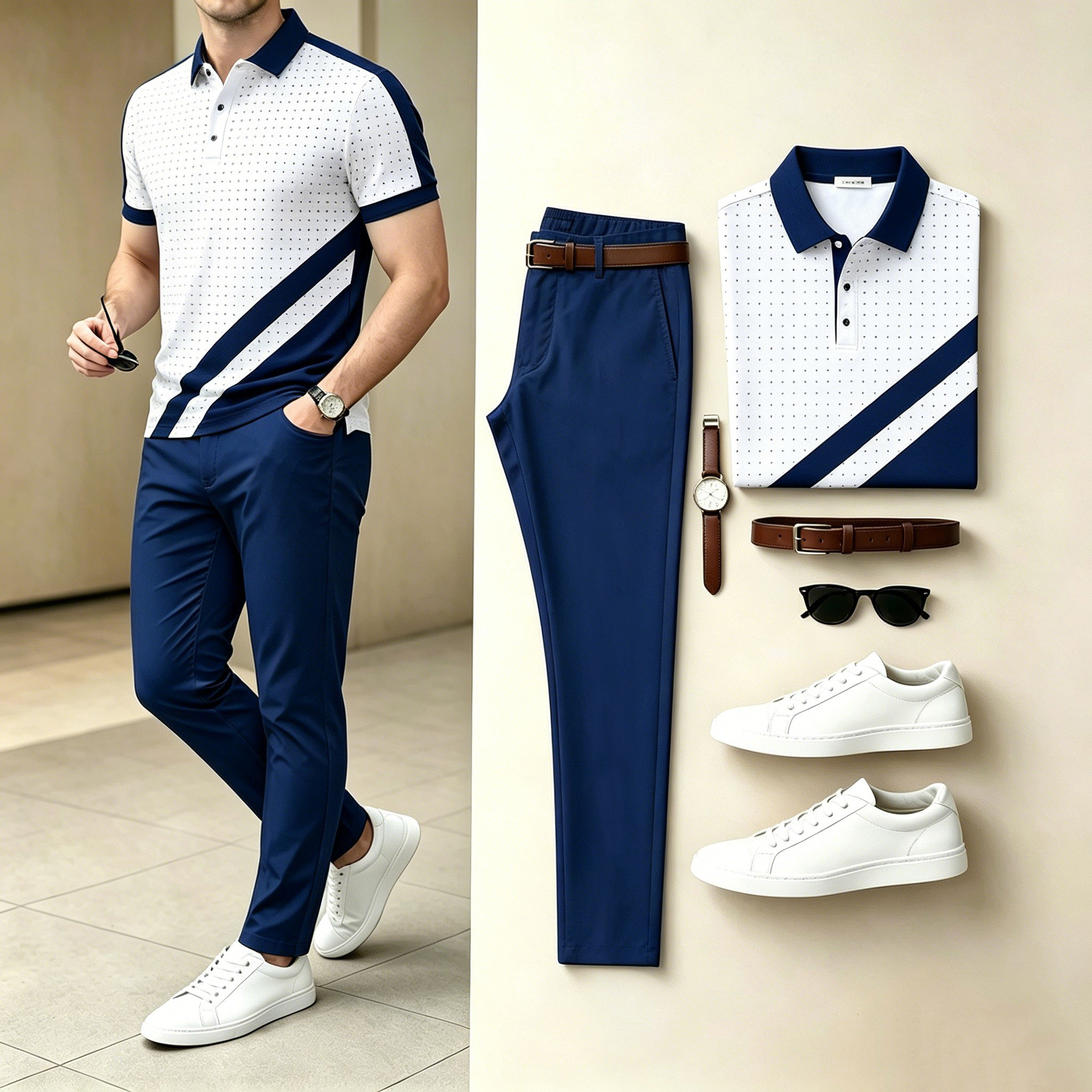 Conjunto de dos piezas casual Dot Diagonal rayas camisa polo & Long pantalón para hombre