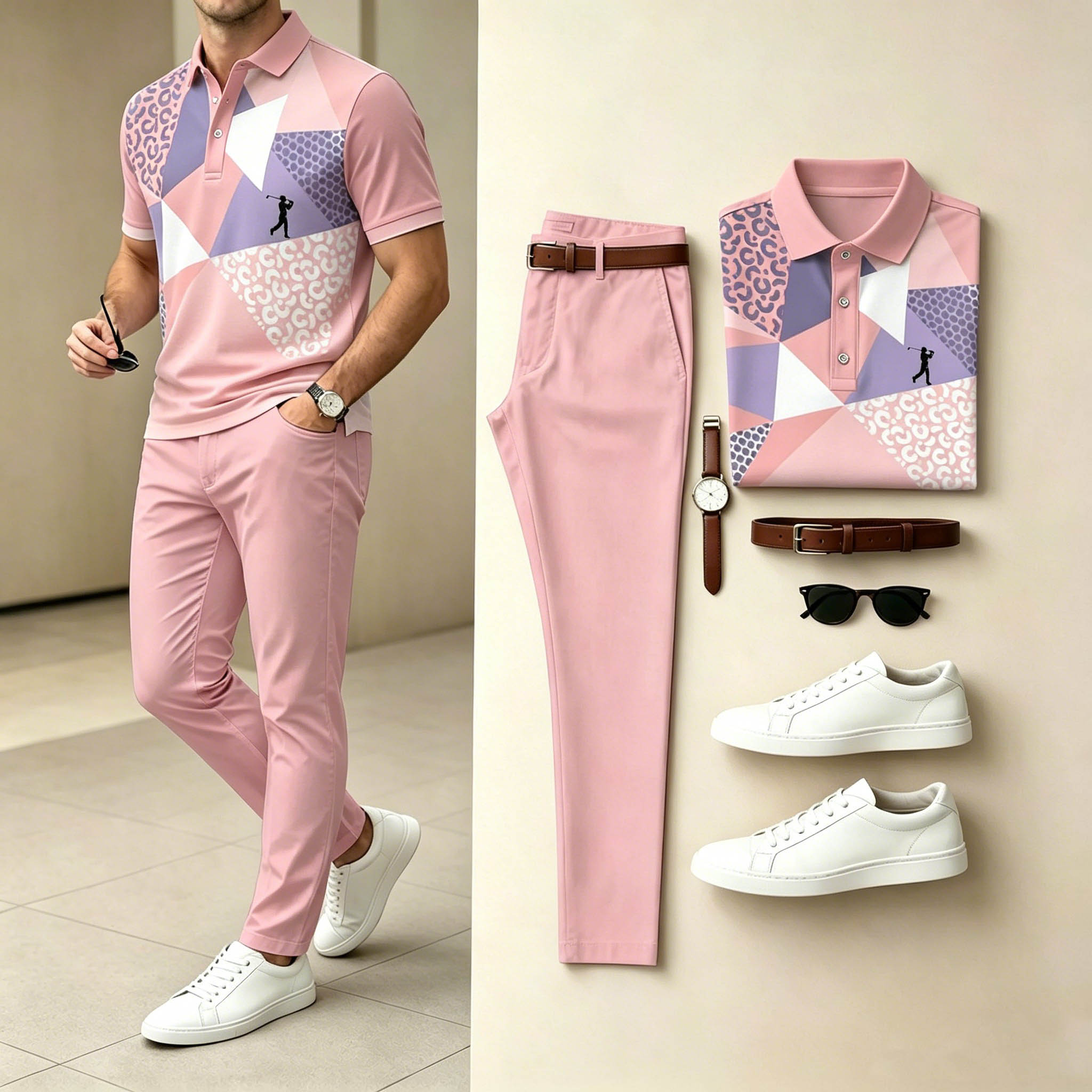 Conjunto de dos piezas casual Pink Geometric estampado camisa polo & pantalón para hombre