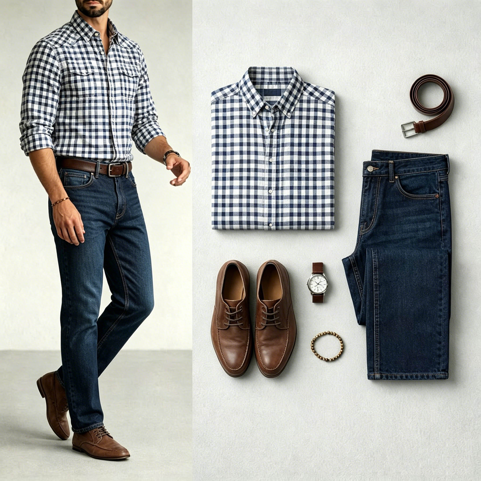 Conjunto de dos piezas Navy Blue Color Matching retro Style a cuadros estampado Lapel Collar camisa & Jeans para hombre