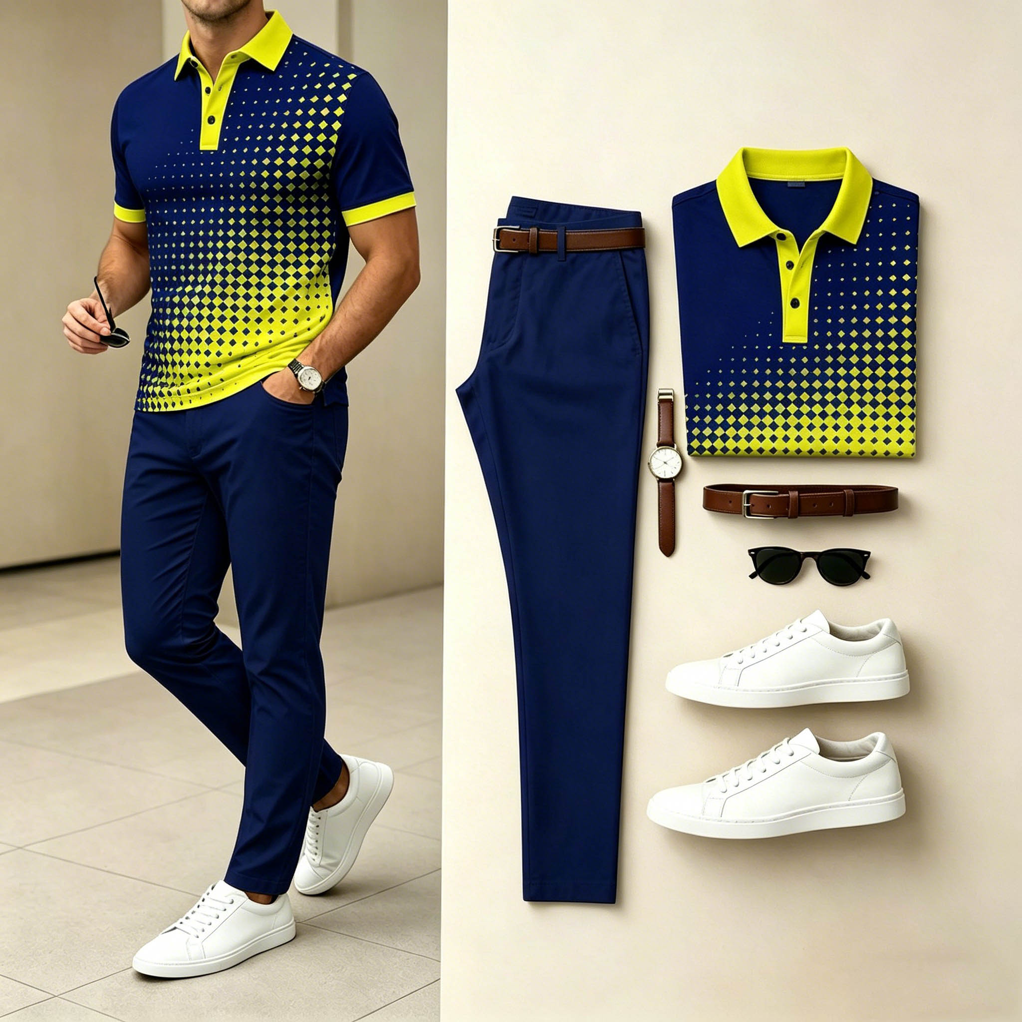 Conjunto de dos piezas casual Navy Yellow Gradient Dot estampado camisa polo & Navy pantalón para hombre