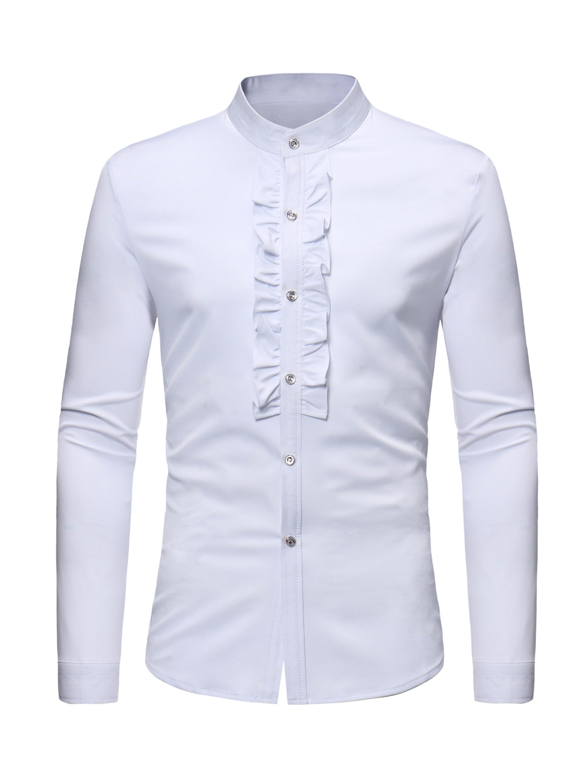 Camisa de vestir Stand Collar Lace de color sólido de manga larga Tuxedo para hombre