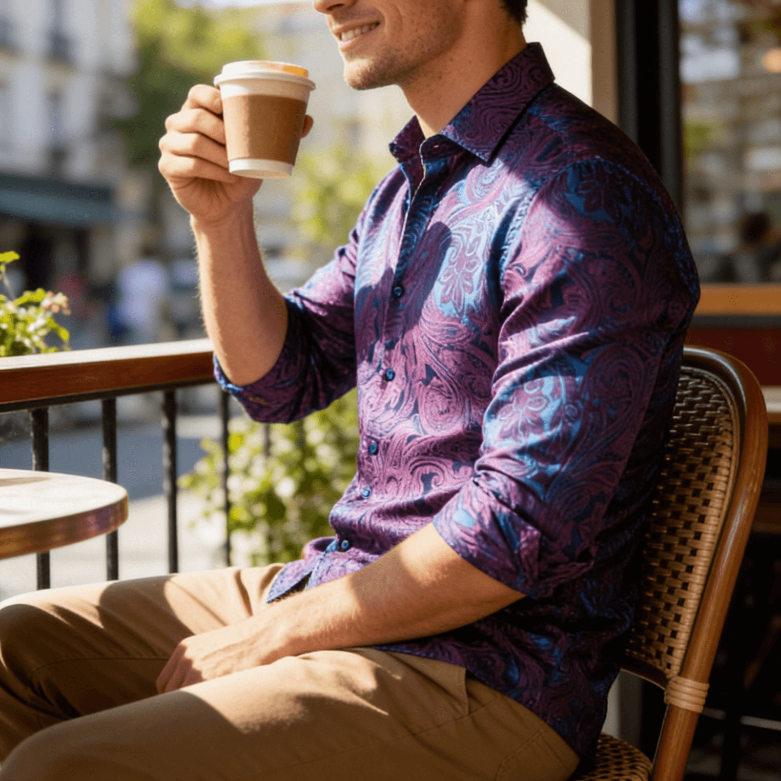 Camisa Mens Purple de chalecoir Paisley camisa con botones de manga larga Tops