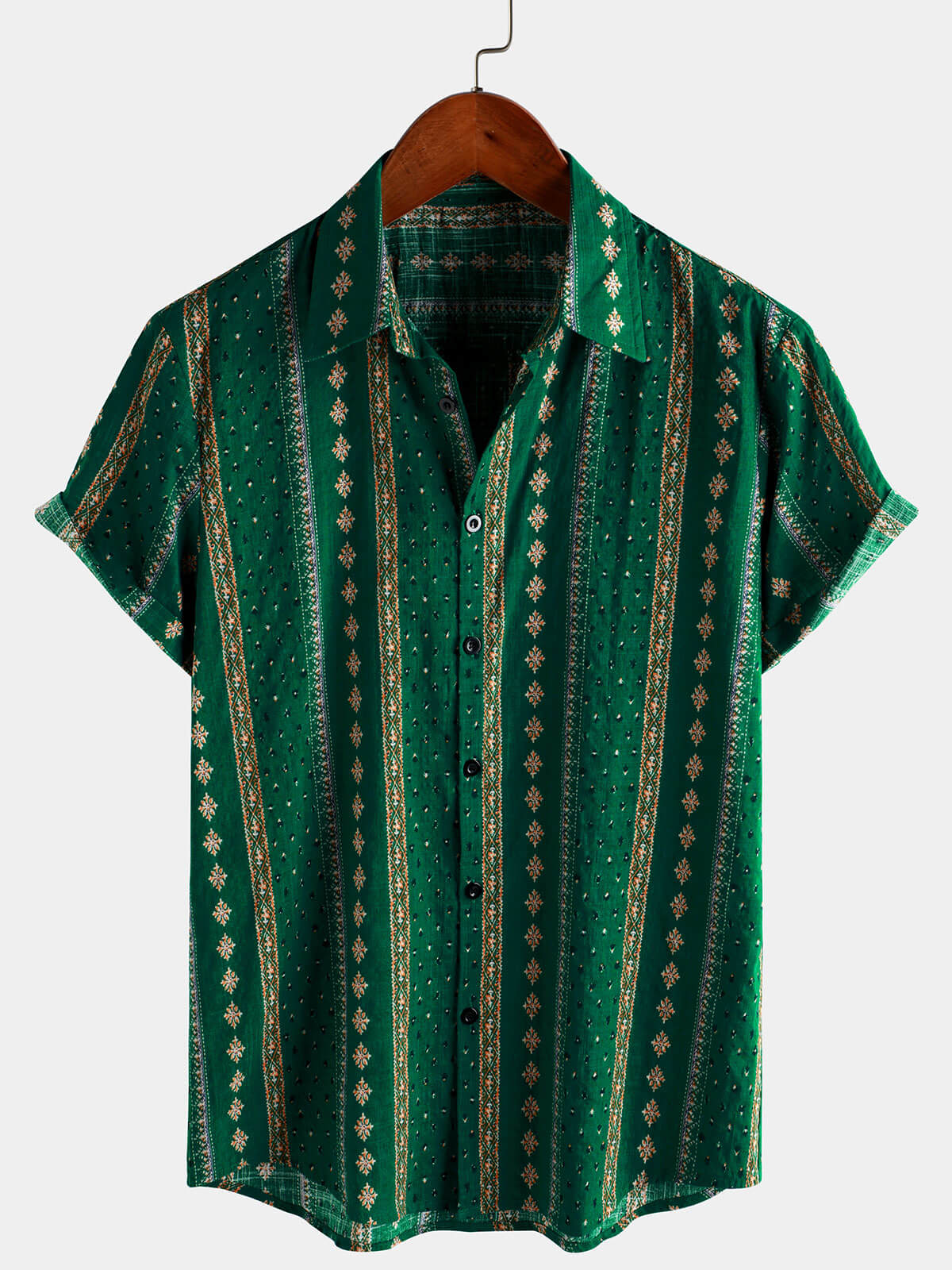 Camisa retro Green a rayas estampado Button Up 70s vintage de manga corta para hombre