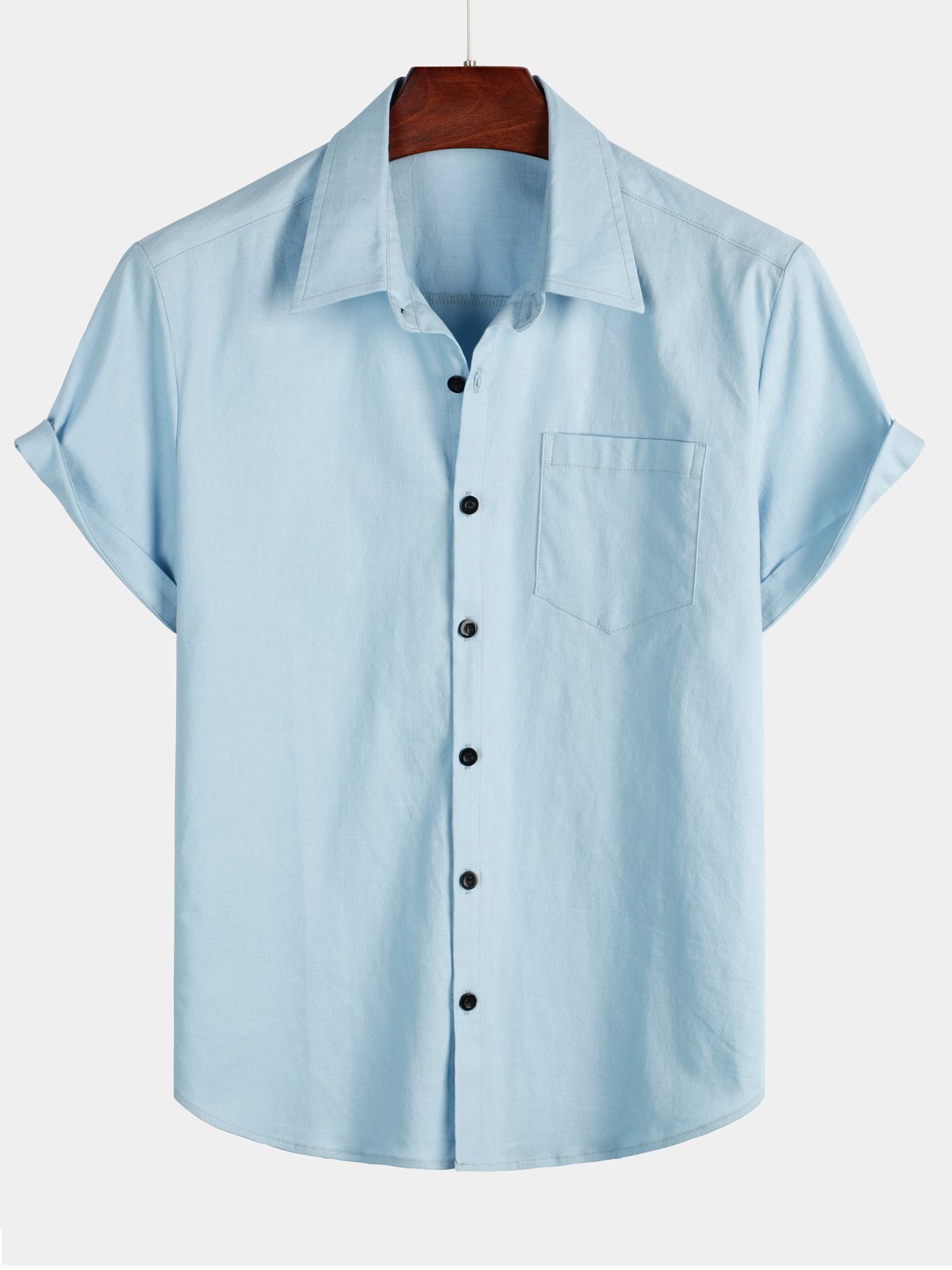 Camisa de color sólido de lino de algodón Pocket casual de manga corta para hombre