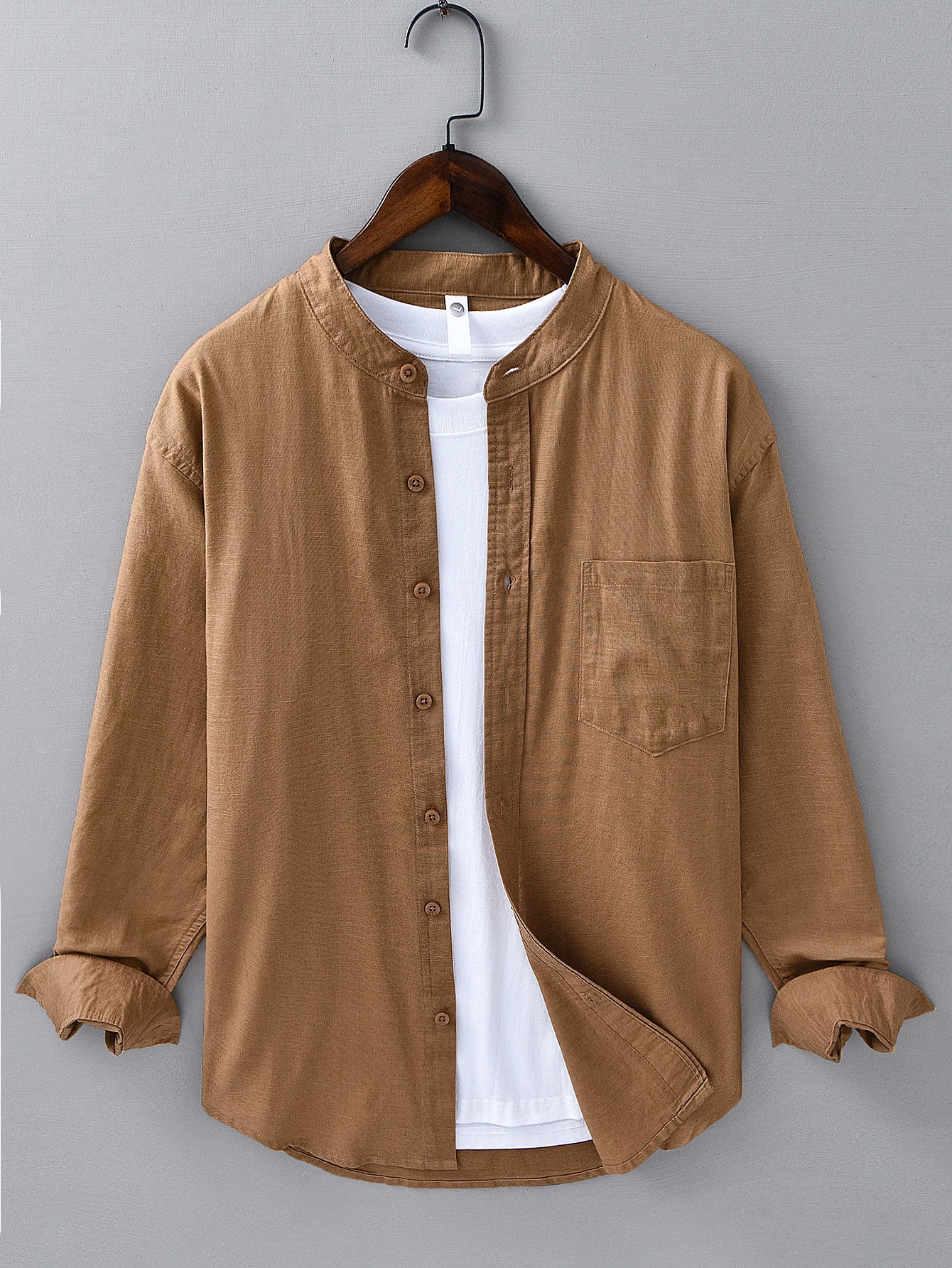 Camisa de manga larga de lino de algodón Stand Collar With Pocket