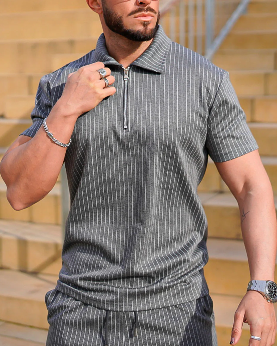 Suitmens Dark Gray Vertical rayas Summer POLO Suit para hombre