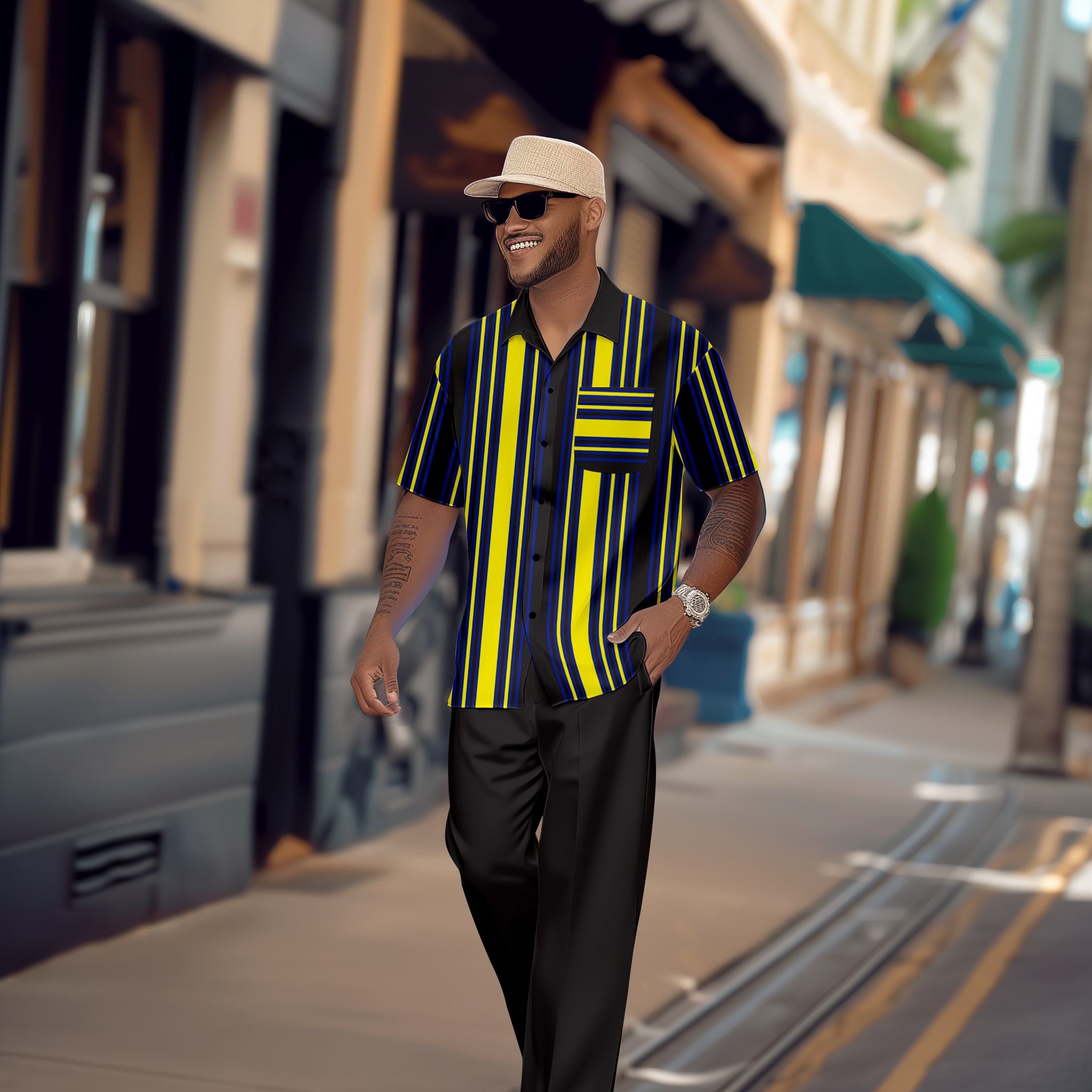 Camisa retro colorblock de manga corta walking Suit 1684 para hombre