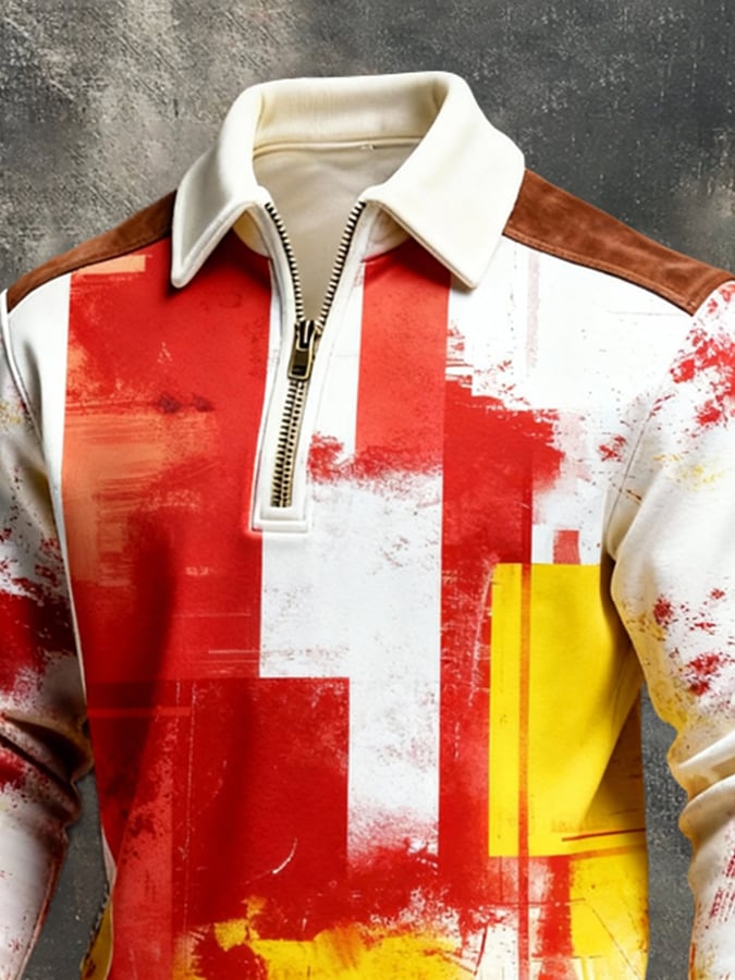 Sudadera vintage Color-Block estampado con cierre para hombre