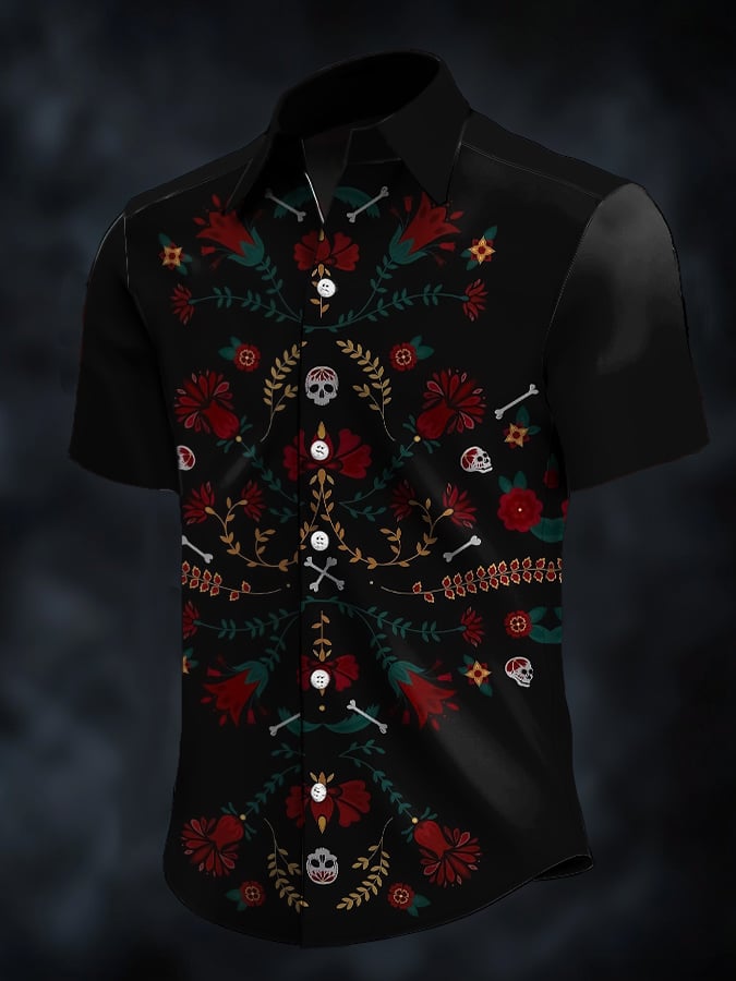 Camisa retro Western Contrast estampado de manga corta casual para hombre