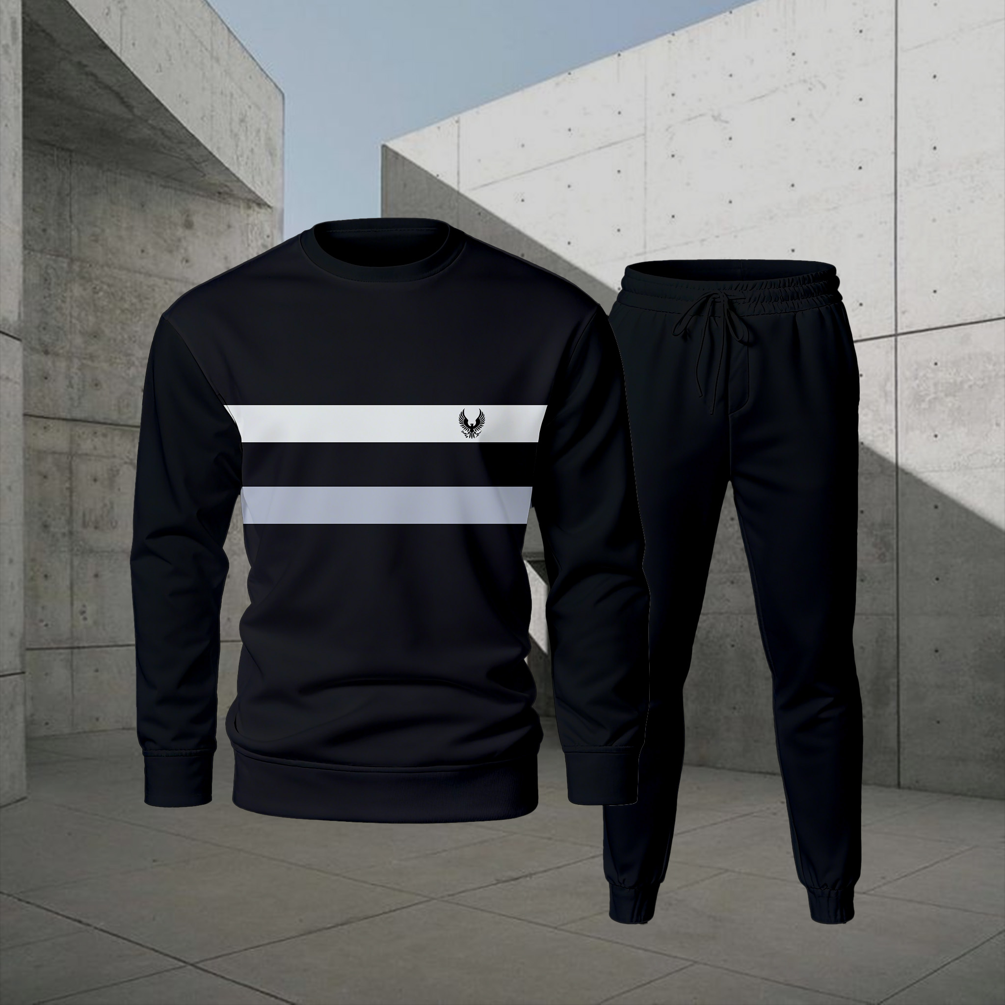 Conjunto de dos piezas casual Color Matching estampado Round-Neck de manga larga sudaderas Trousers para hombre