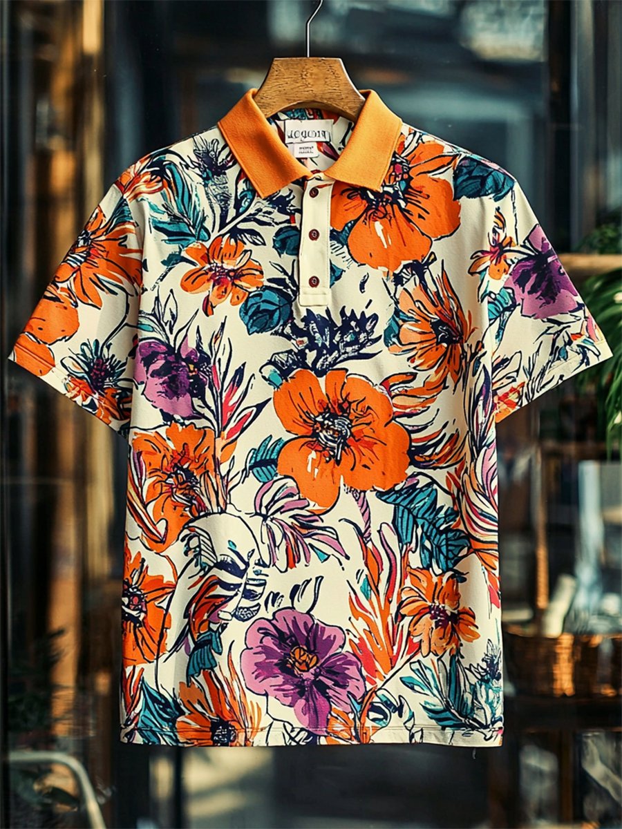 Camisa polo casual Festive floral estampado Button de manga corta para hombre