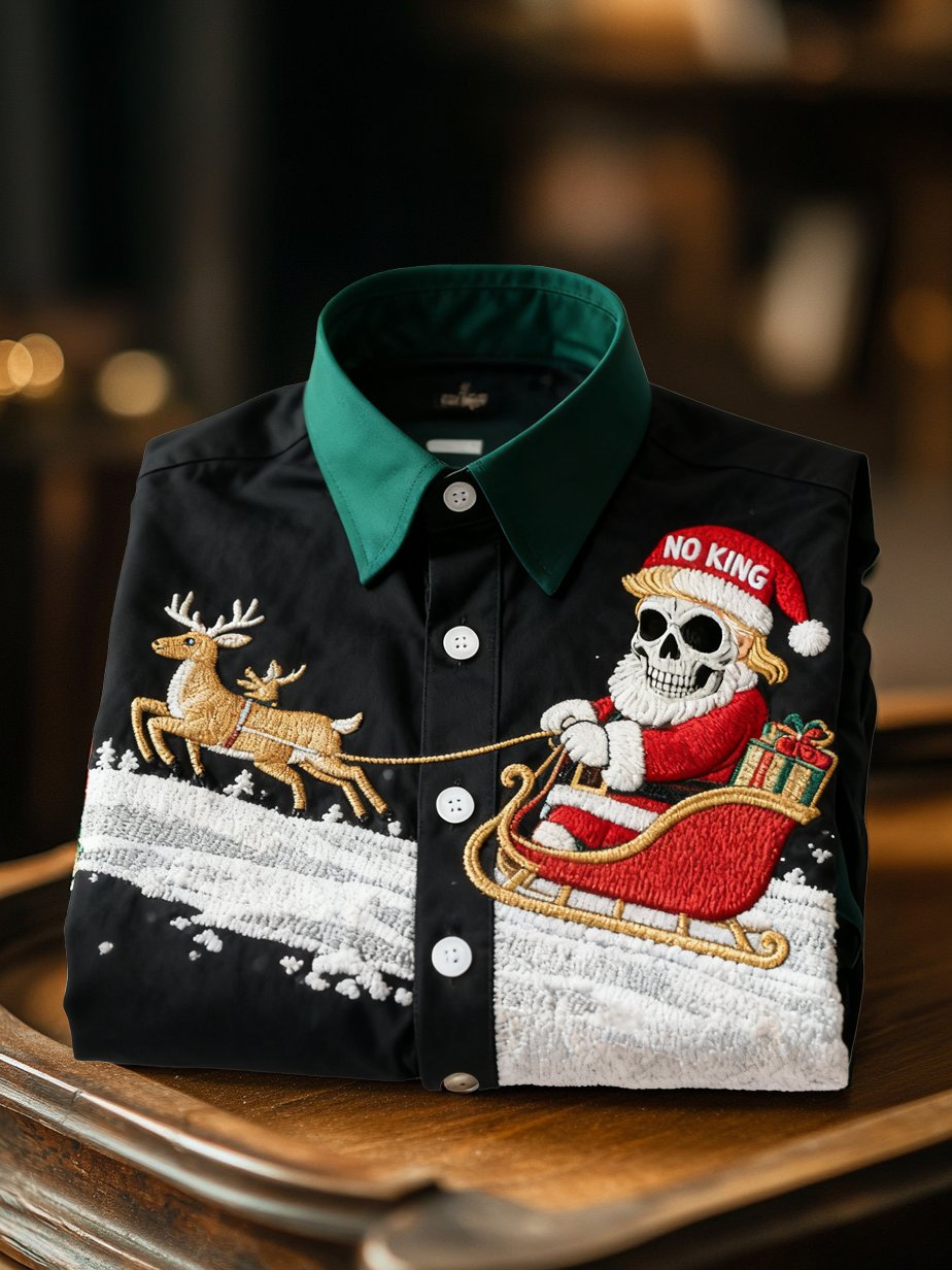 Camisa retro Christmas estampado Santa Gifts Elk No King de manga larga para hombre
