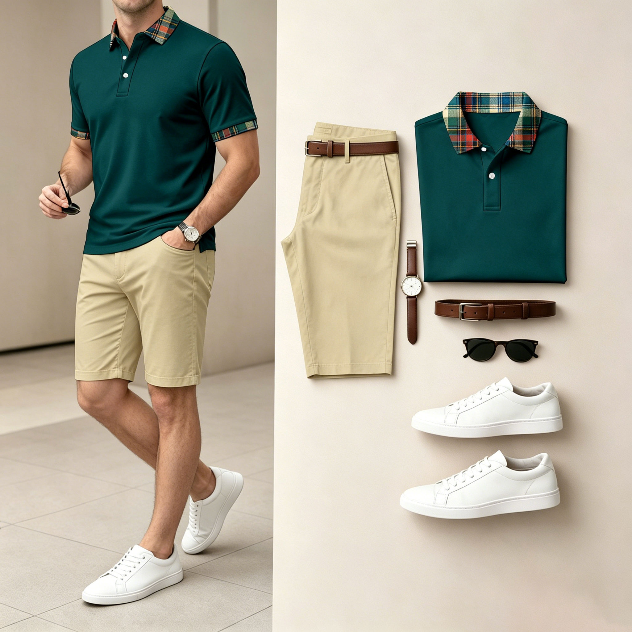 Conjunto de dos piezas casual Green Color camisa polo & shorts para hombre