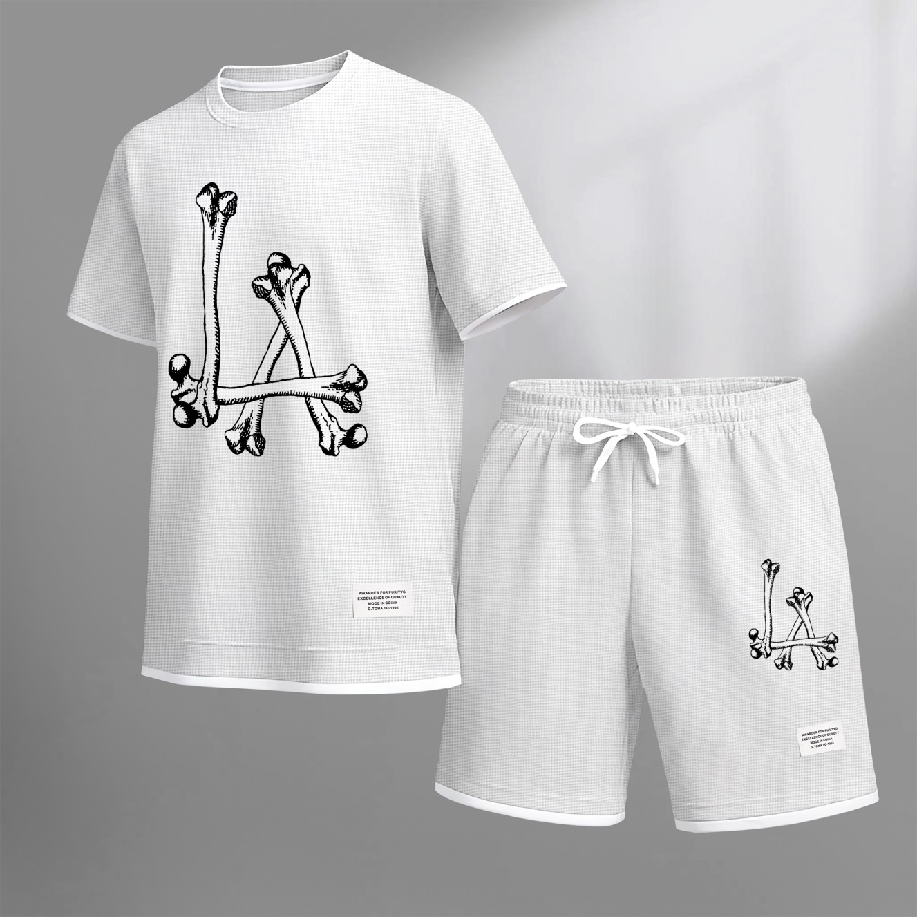 Camisa Streetwear Skeleton estampado Waffle Fabric de manga corta And shorts Set para hombre