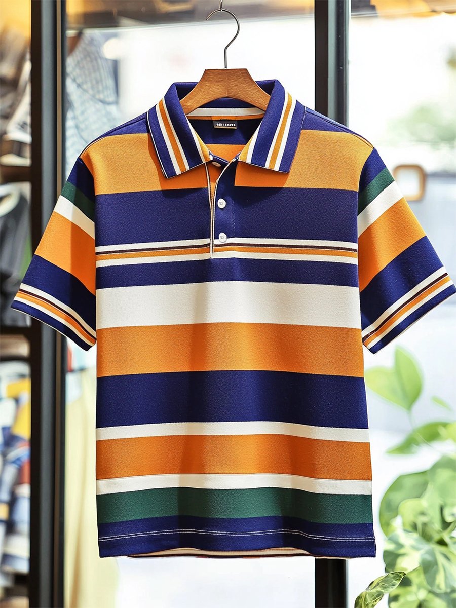 Camisa polo ejecutivo casual a rayas Button de manga corta para hombre