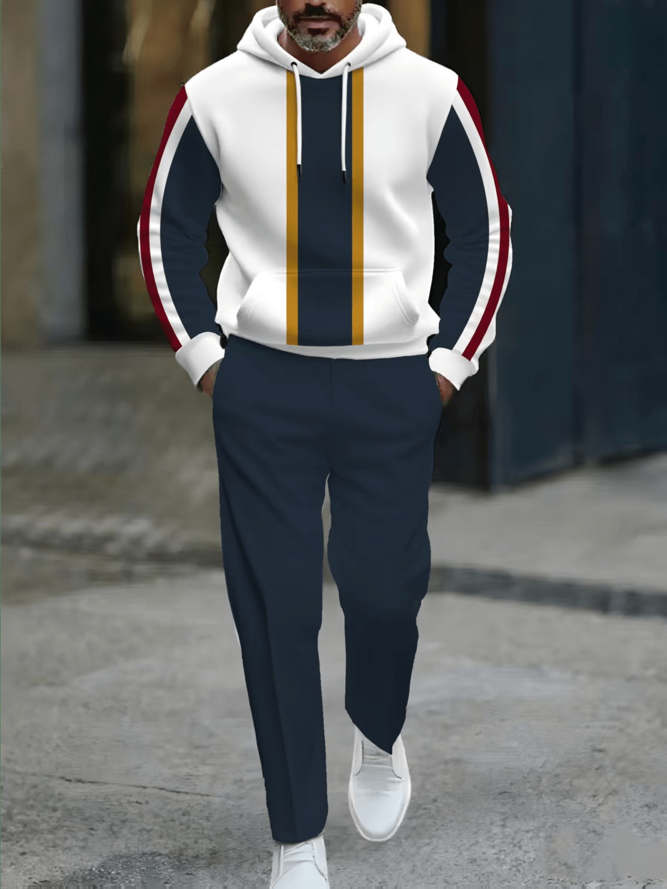 Conjunto de dos piezas casual Navy Blue & White a rayas Color Matching estampado Hooded de manga larga Trousers para hombre