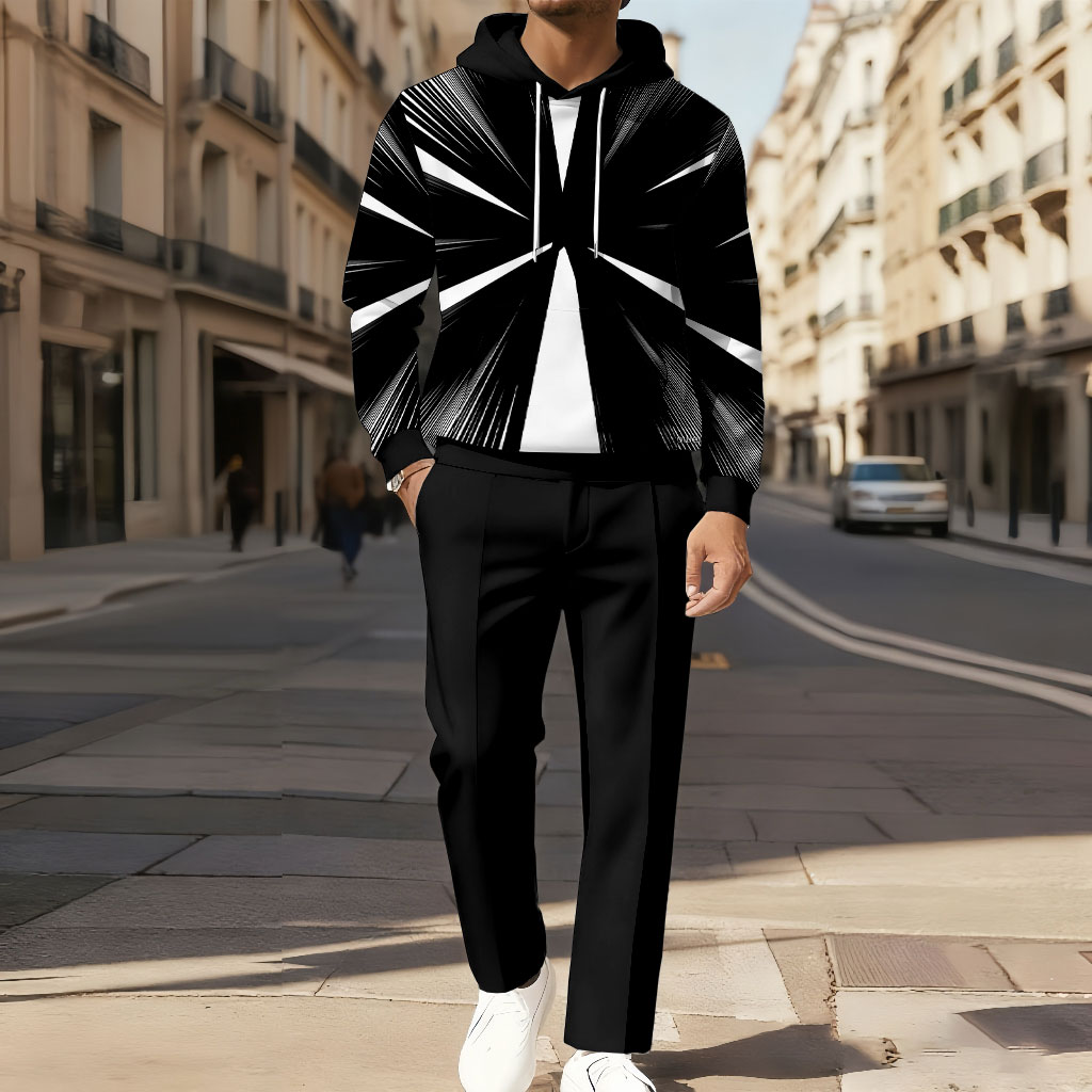 Conjunto de dos piezas casual Color Matching estampado de manga larga sudadera con capuchas sudadera & Trousers para hombre