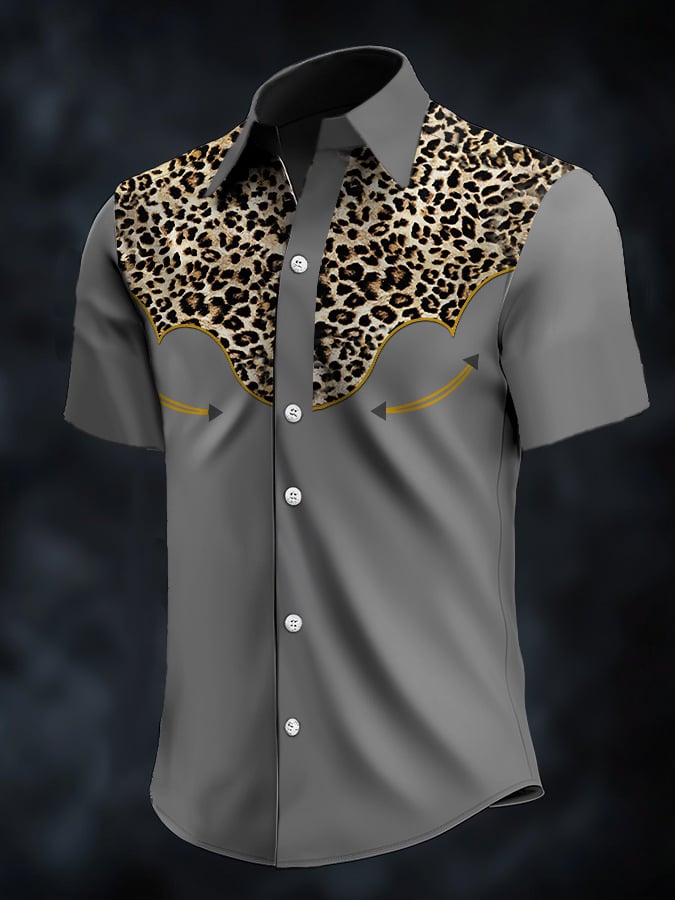 Camisa retro Western Contrast estampado de manga corta casual para hombre