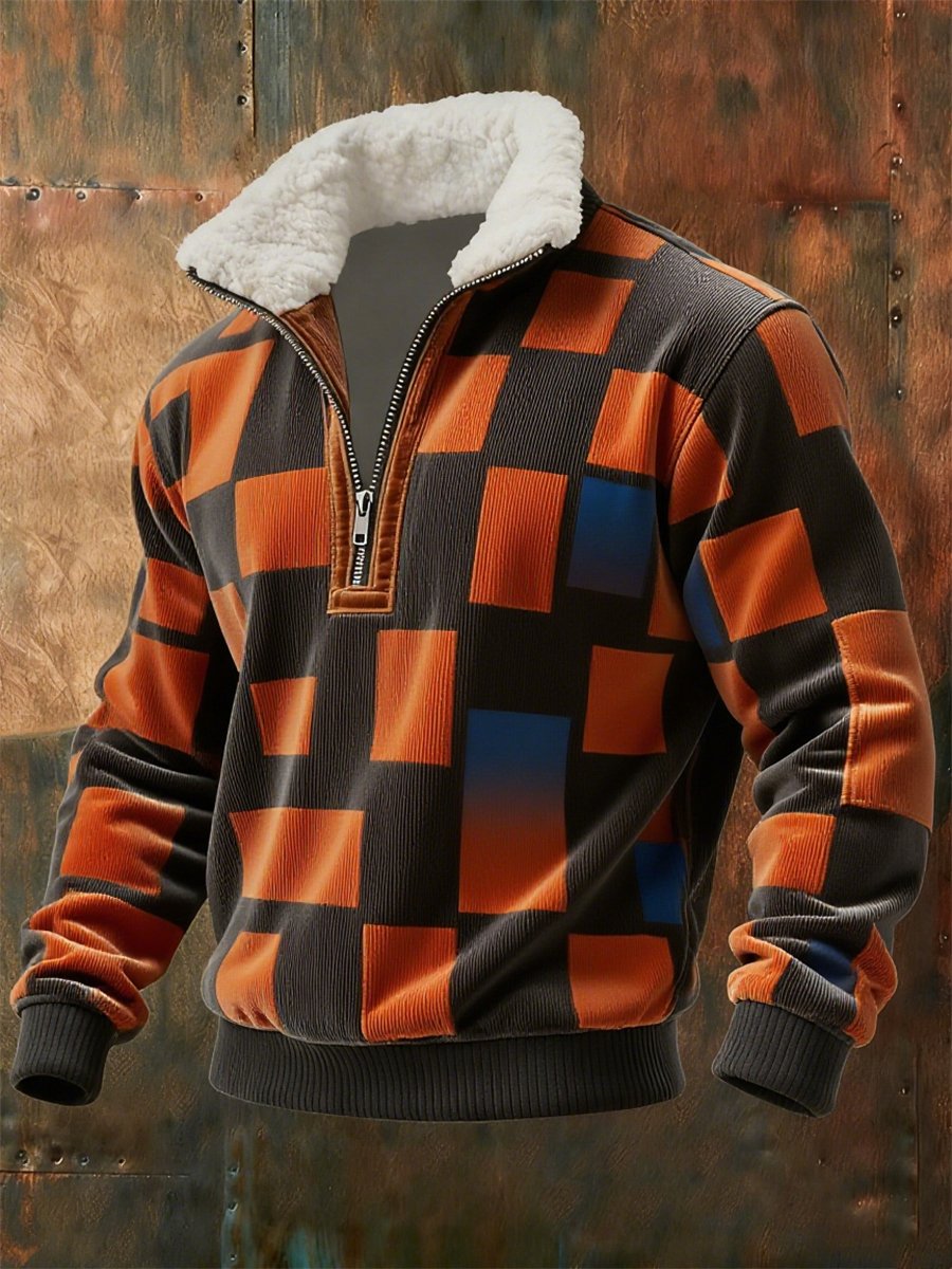 Sudadera retro geométrico Quarter Zip polar Neck para hombre
