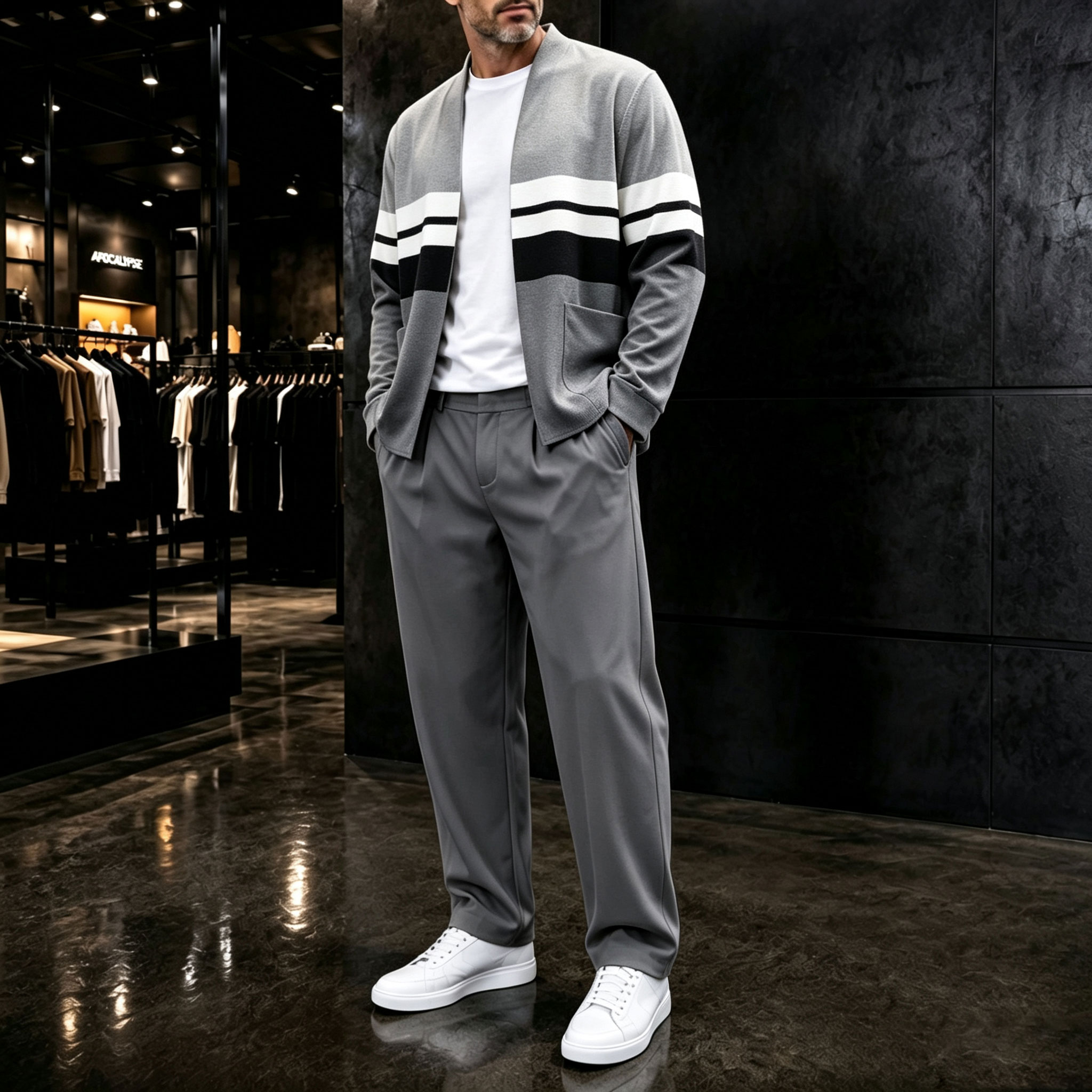 para hombre a rayas Cardigan and pantalón conjunto de dos piezas