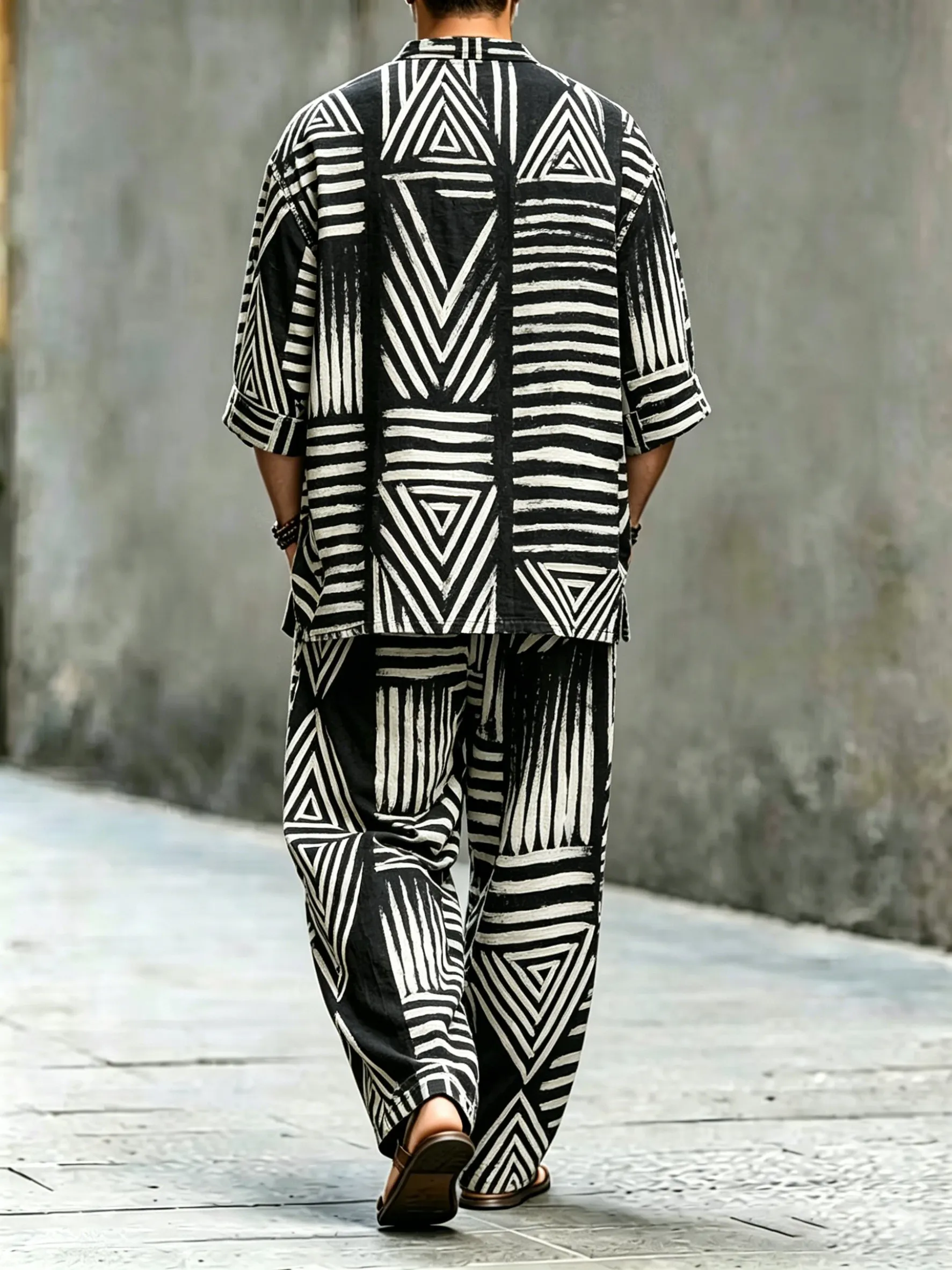 para hombre vintage Abstract Art estampado de algodón camisa Set (Top & pantalón)