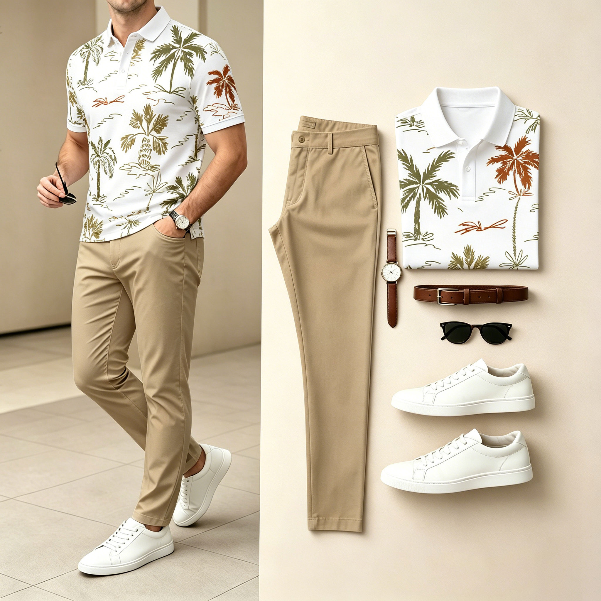 Conjunto de dos piezas casual Khaki & White Color Matching de manga cortas camisa polo & pantalón para hombre