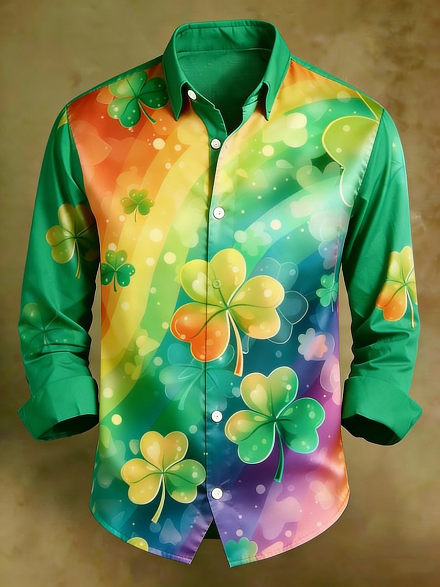 Ejecutivo de lujo St. Patrick's Day estampado de manga larga Pockecamiseta para hombre
