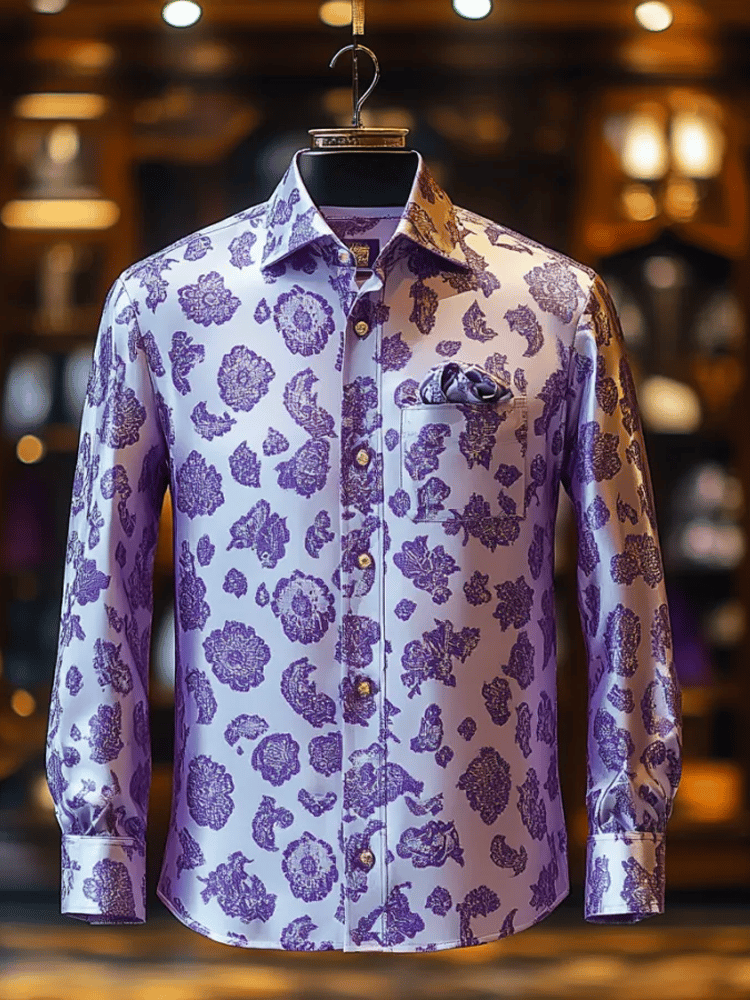 Camisa de lujo Romantic Contrast Color estampado de manga larga para hombre