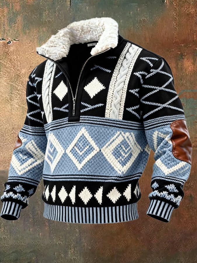 Sudadera retro en bloques de color estampado casual Fur cuello para hombre